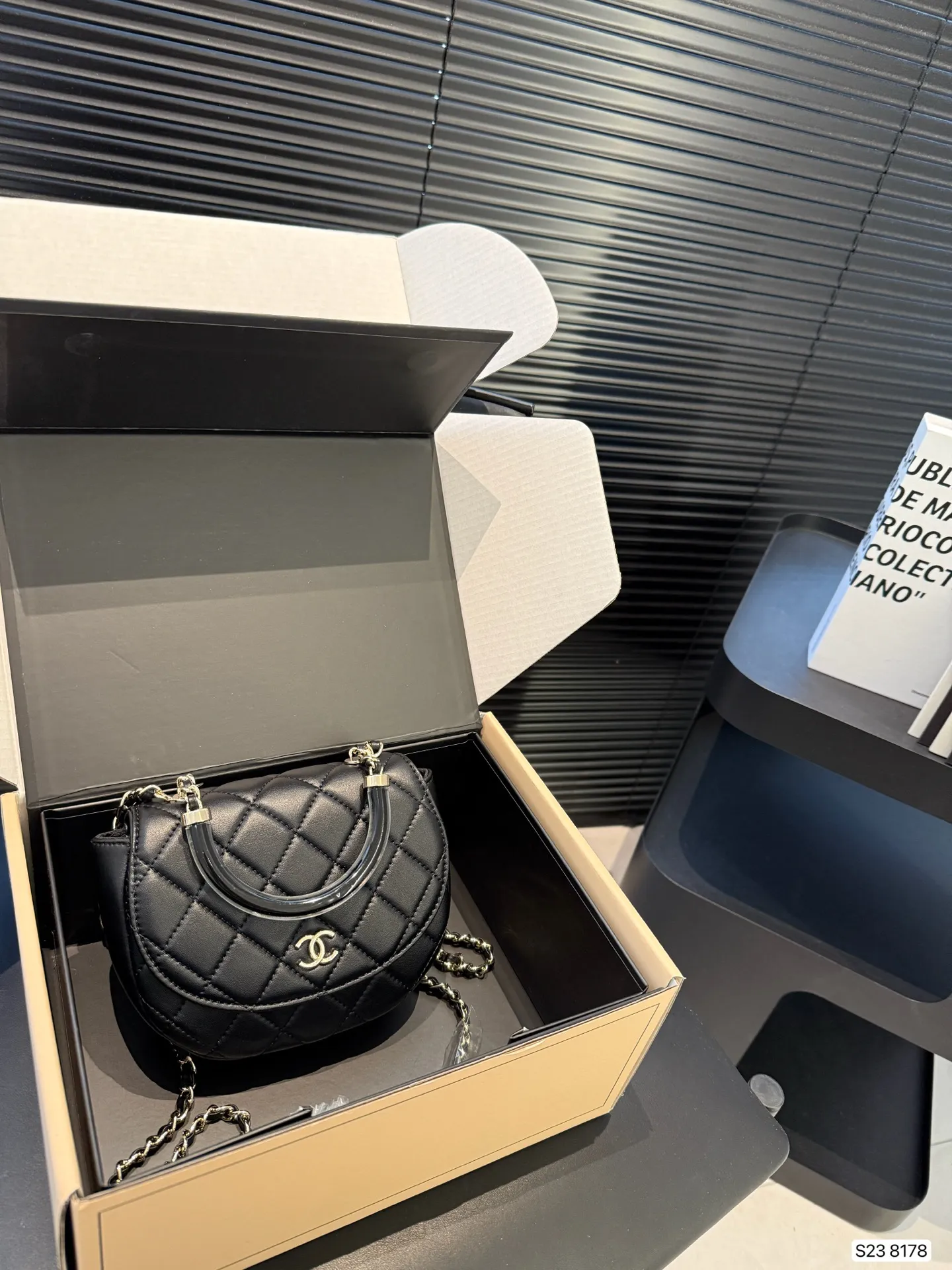 Chanel 1:1 premium 22 mini handbag in shiny black calfskin with gold hardware and CC medallion on luxury boutique box - xiashuluxe