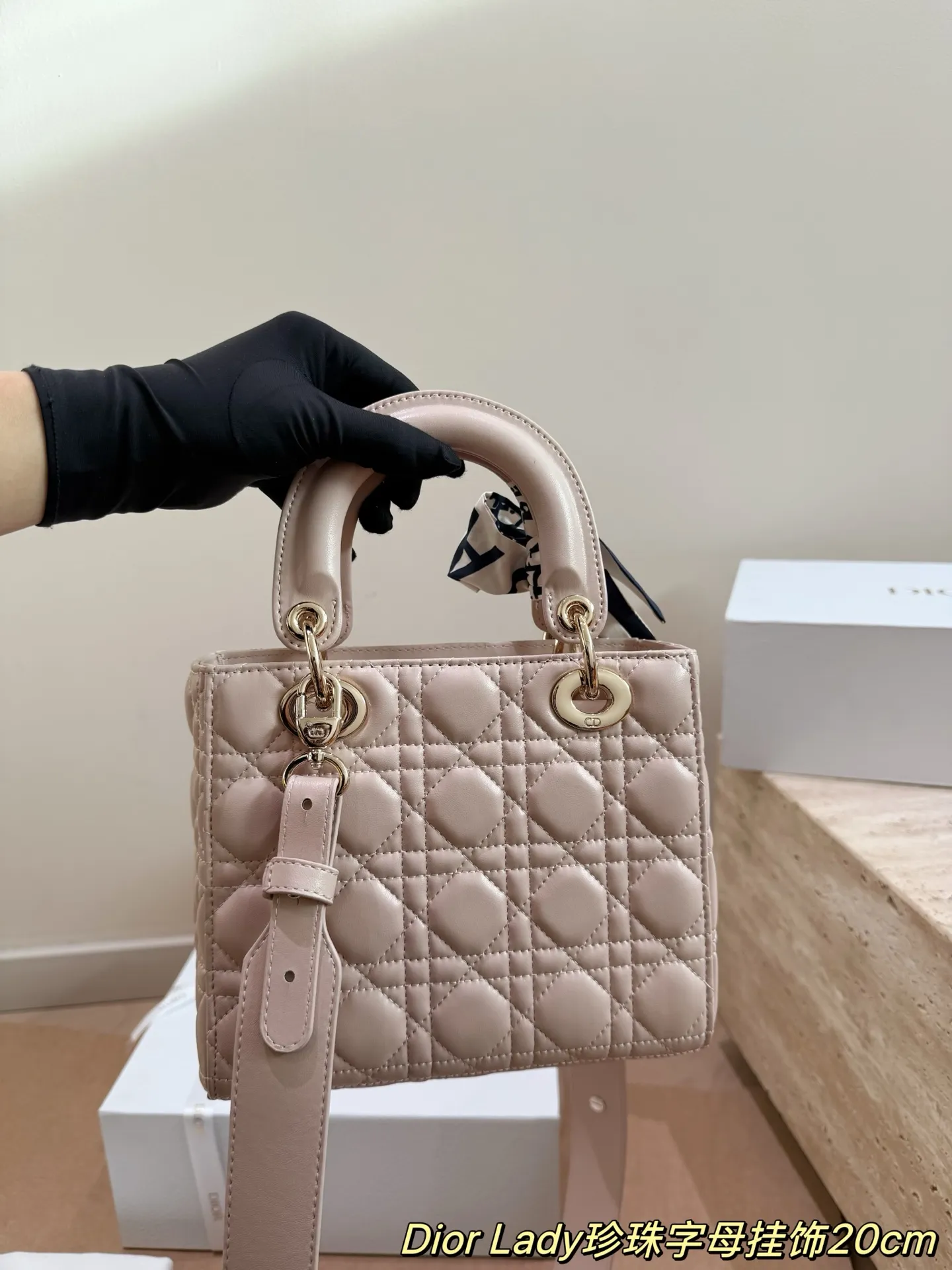 Lady Dior 1:1 premium powder pink bag with pearl alphabet charms and silk scarf on white boutique box - xiashuluxe