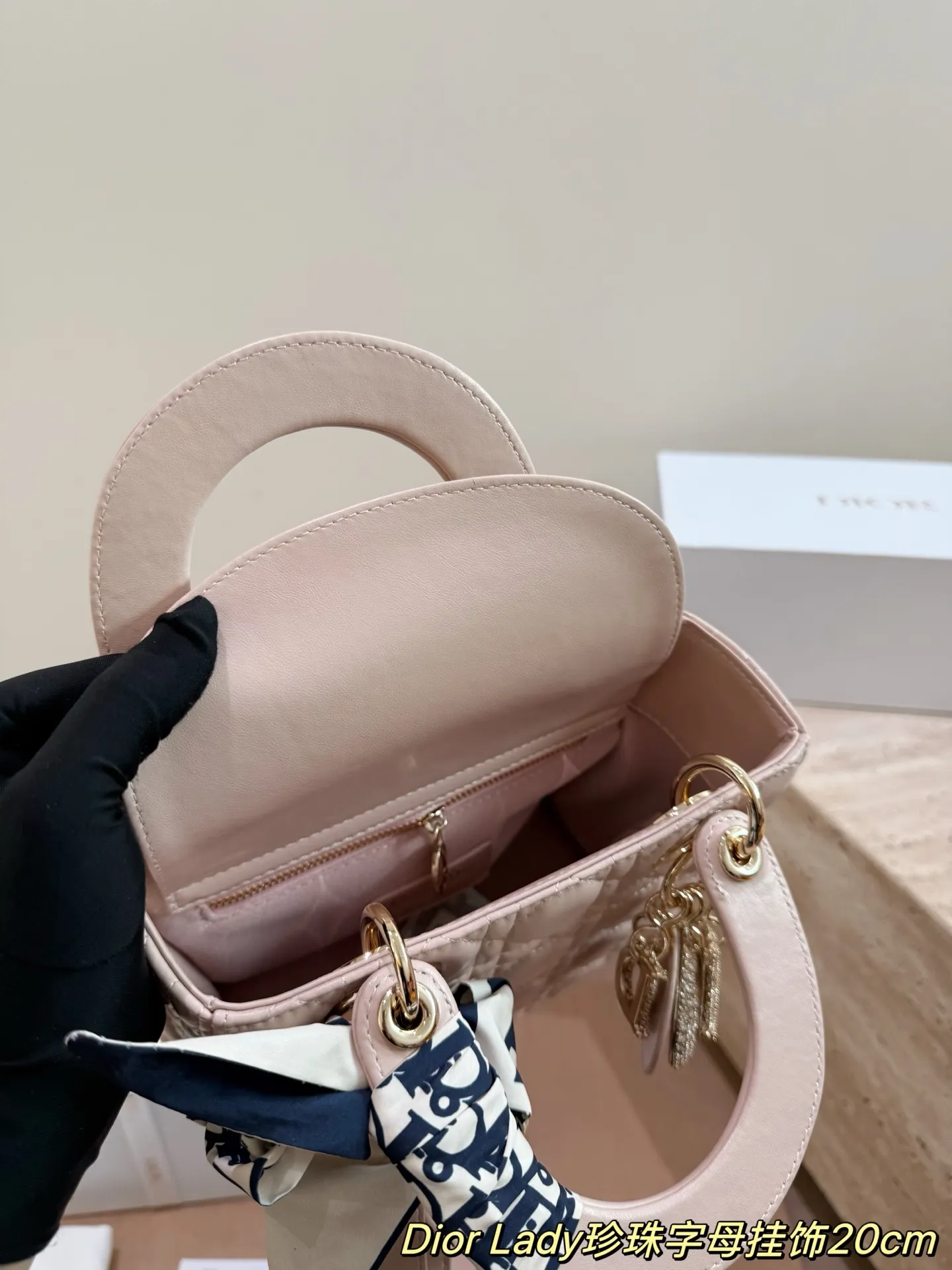 Lady Dior 1:1 premium powder pink bag with pearl alphabet charms and silk scarf on white boutique box - xiashuluxe