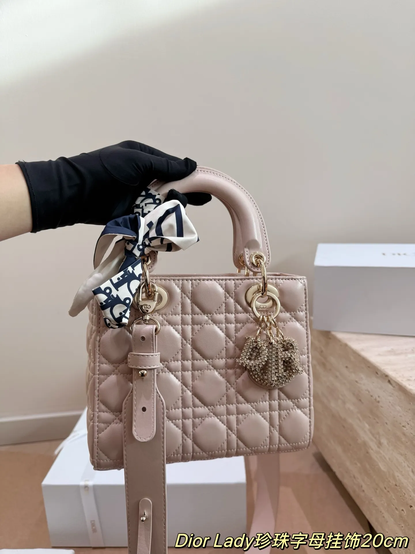 Lady Dior 1:1 premium powder pink bag with pearl alphabet charms and silk scarf on white boutique box - xiashuluxe