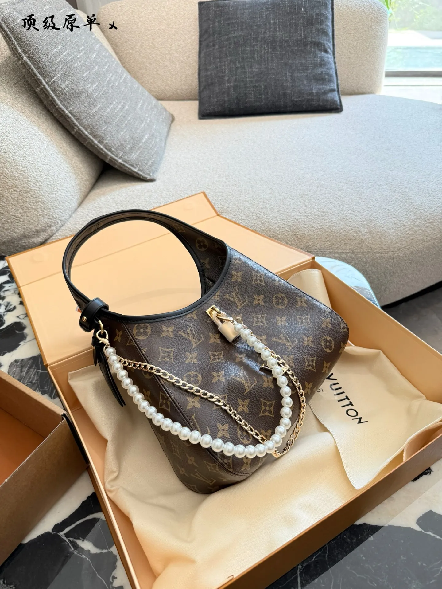 LV 1:1 premium Loop hobo bag in Monogram canvas with pearl chain accessory and luxury orange boutique bag - xiashuluxe