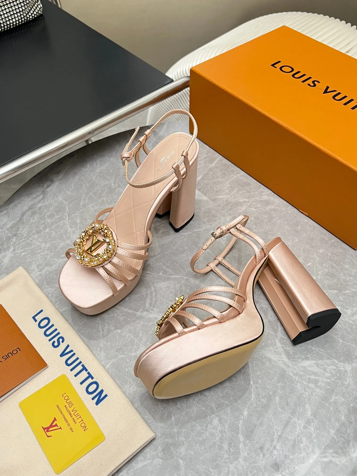 LV 1:1 premium Sparkle slingback platform pumps in pink blue and black satin with crystal LV circle logo and boutique packaging - xiashuluxe