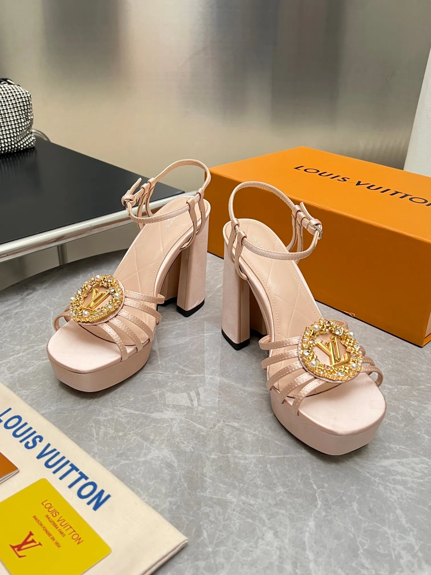 LV 1:1 premium Sparkle slingback platform pumps in pink blue and black satin with crystal LV circle logo and boutique packaging - xiashuluxe