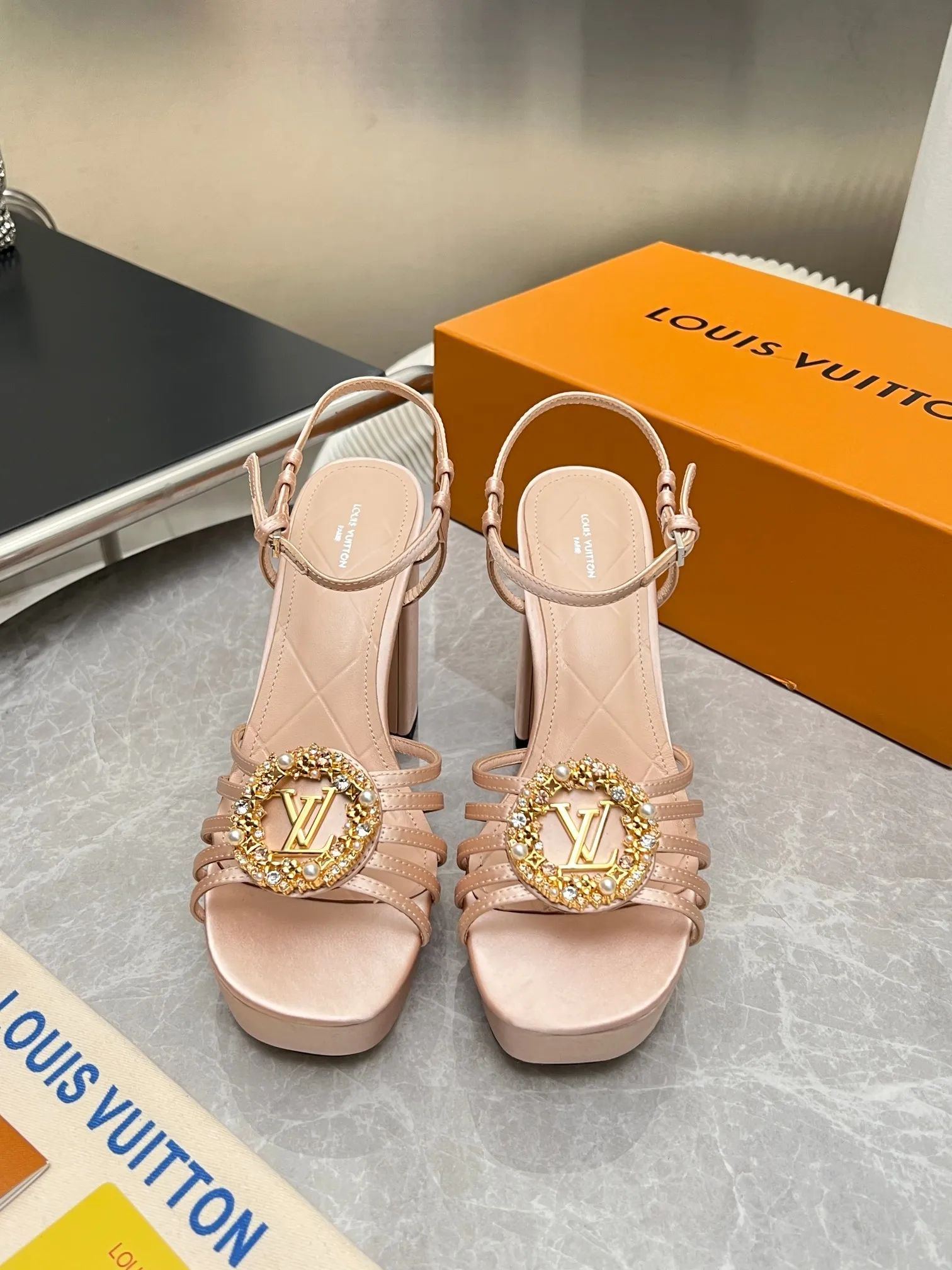 LV 1:1 premium Sparkle slingback platform pumps in pink blue and black satin with crystal LV circle logo and boutique packaging - xiashuluxe