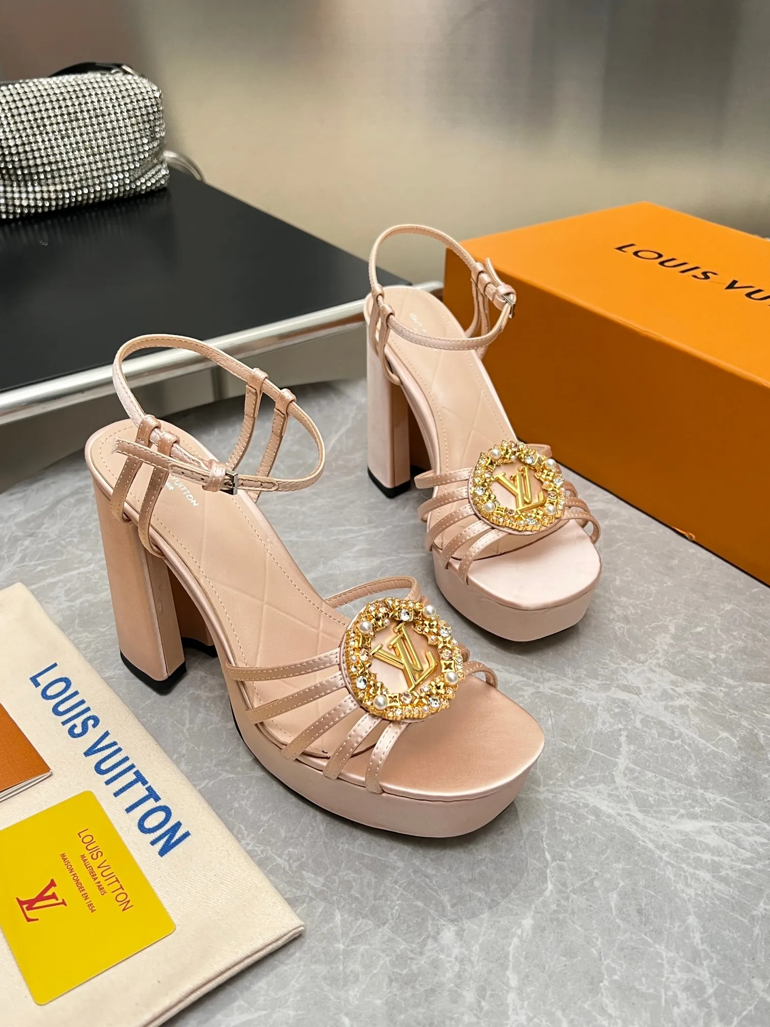 LV 1:1 premium Sparkle slingback platform pumps in pink blue and black satin with crystal LV circle logo and boutique packaging - xiashuluxe