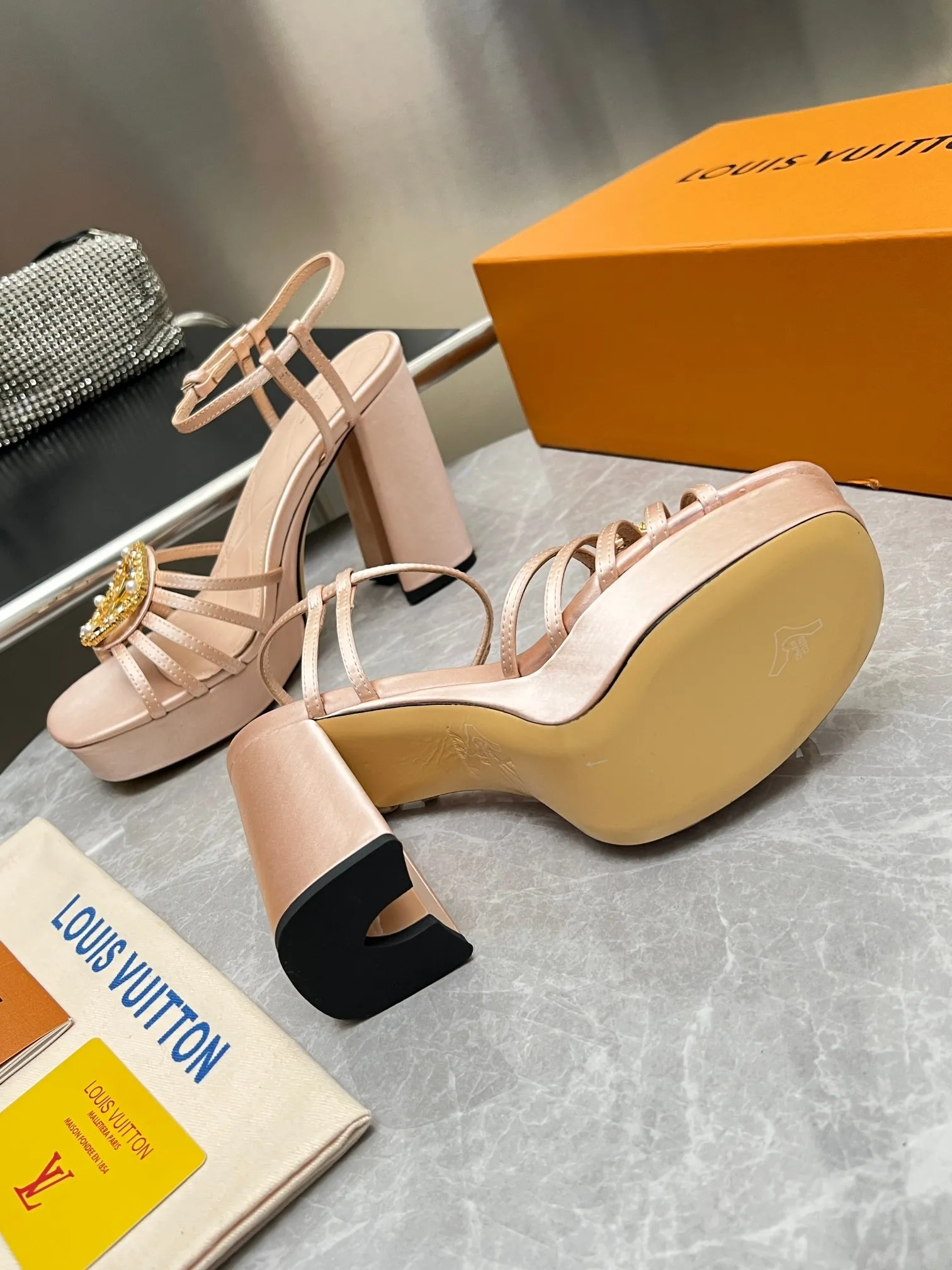 LV 1:1 premium Sparkle slingback platform pumps in pink blue and black satin with crystal LV circle logo and boutique packaging - xiashuluxe