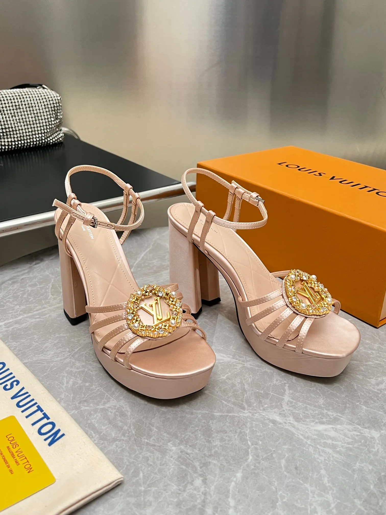 LV 1:1 premium Sparkle slingback platform pumps in pink blue and black satin with crystal LV circle logo and boutique packaging - xiashuluxe