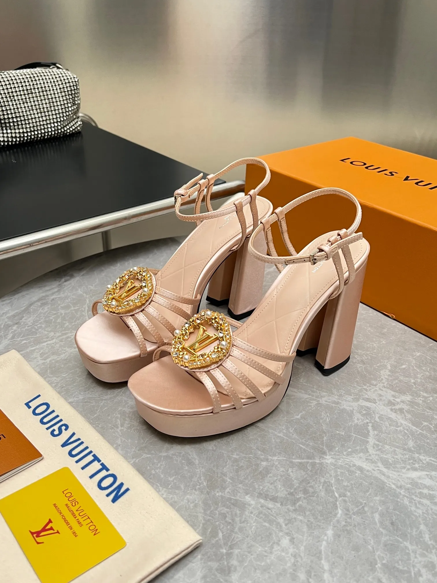 LV 1:1 premium Sparkle slingback platform pumps in pink blue and black satin with crystal LV circle logo and boutique packaging - xiashuluxe