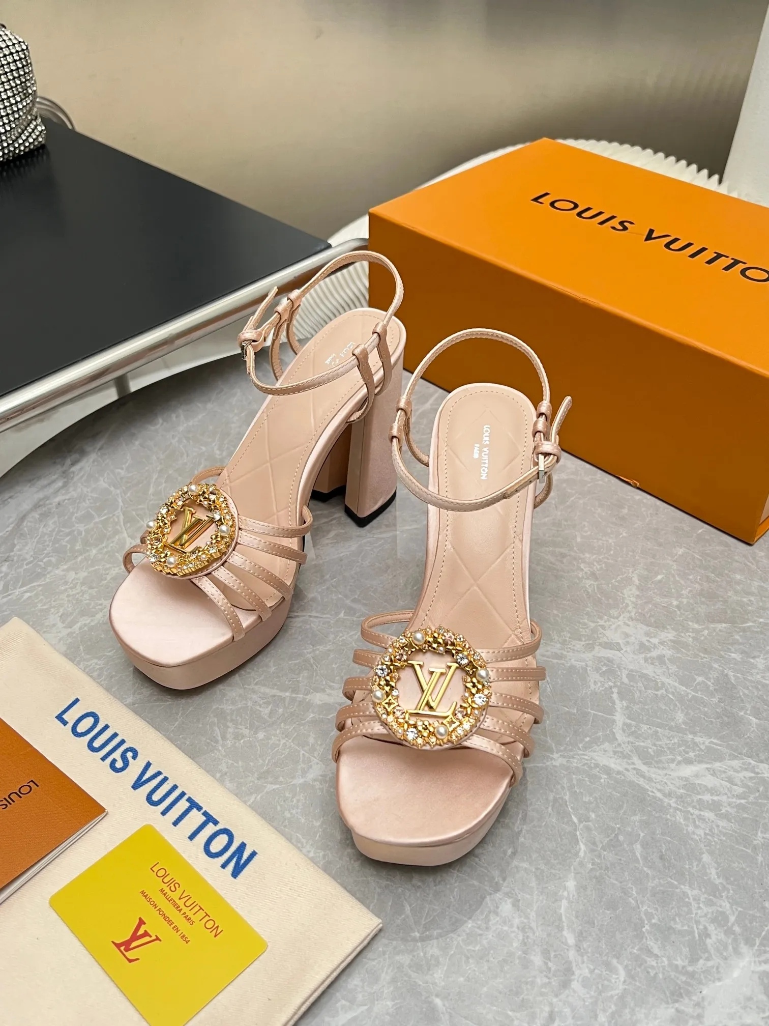 LV 1:1 premium Sparkle slingback platform pumps in pink blue and black satin with crystal LV circle logo and boutique packaging - xiashuluxe