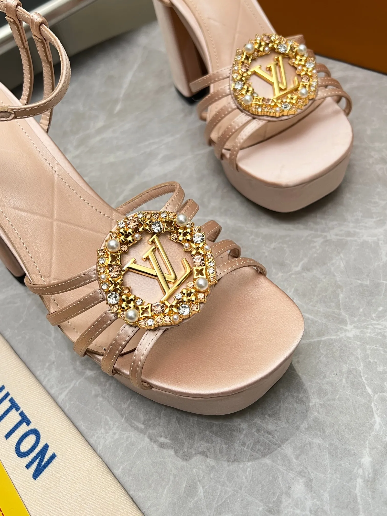 LV 1:1 premium Sparkle slingback platform pumps in pink blue and black satin with crystal LV circle logo and boutique packaging - xiashuluxe