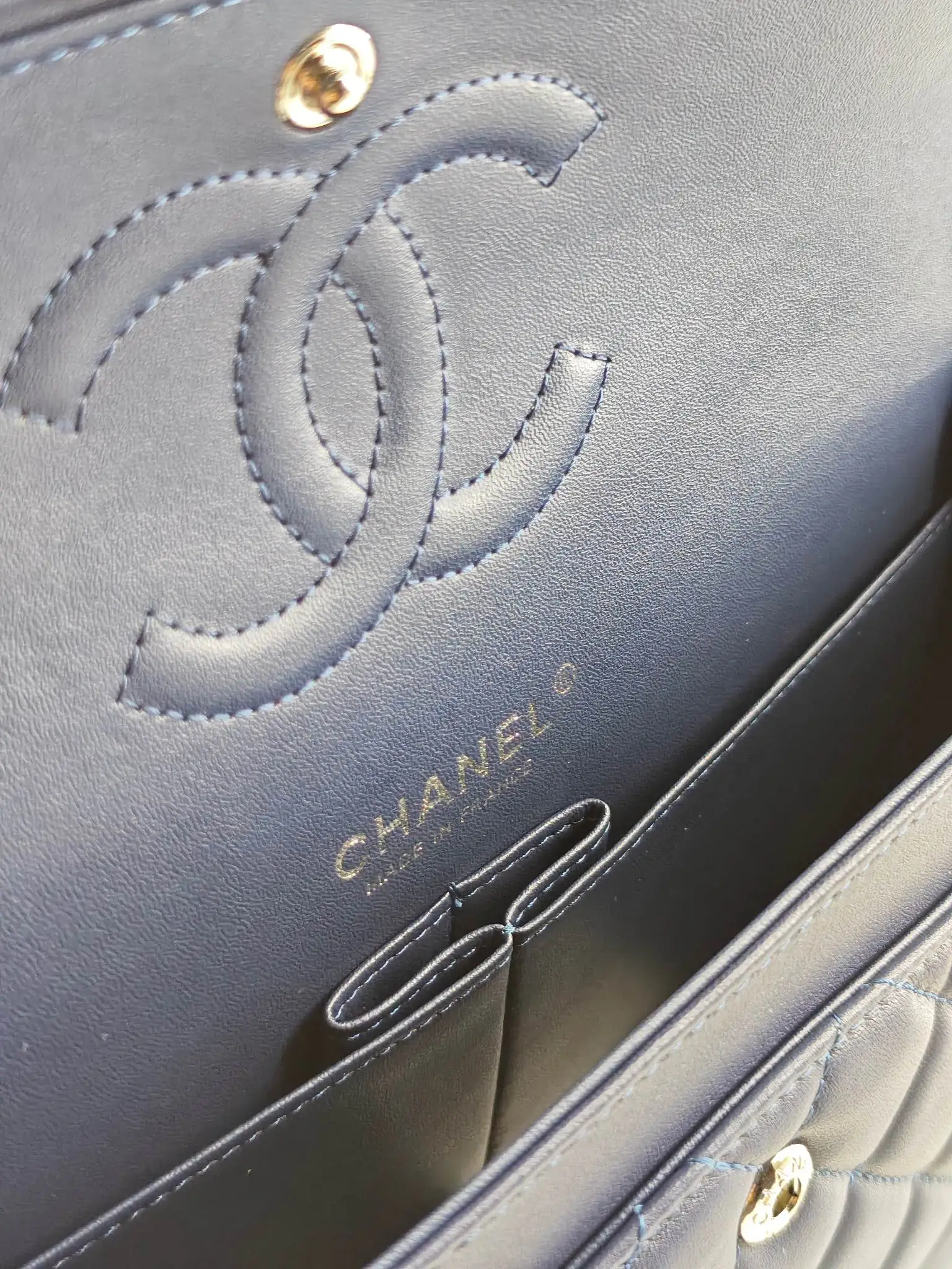 Chanel 1:1 premium Classic Flap navy blue lambskin bag with gold hardware and Chanel boutique shopping bag - xiashuluxe
