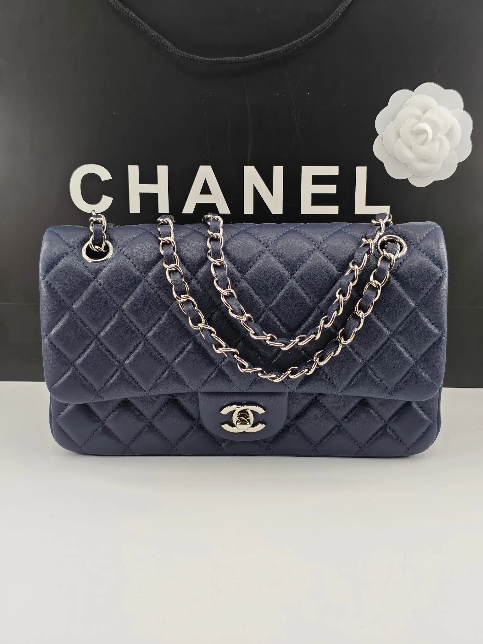 Chanel 1:1 premium Classic Flap navy blue lambskin bag with gold hardware and Chanel boutique shopping bag - xiashuluxe