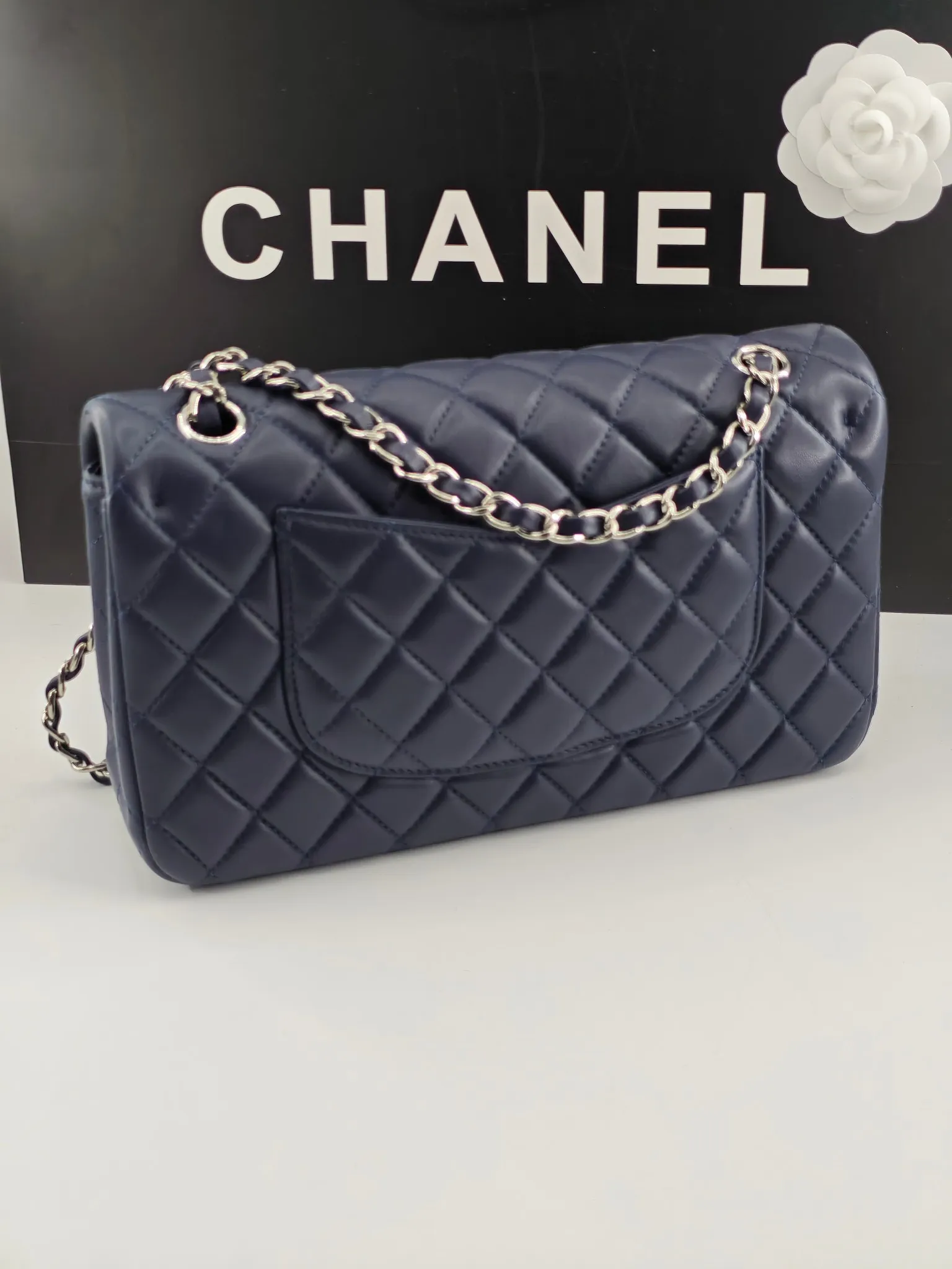 Chanel 1:1 premium Classic Flap navy blue lambskin bag with gold hardware and Chanel boutique shopping bag - xiashuluxe