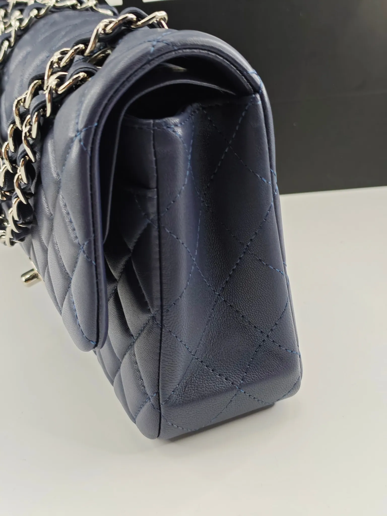 Chanel 1:1 premium Classic Flap navy blue lambskin bag with gold hardware and Chanel boutique shopping bag - xiashuluxe
