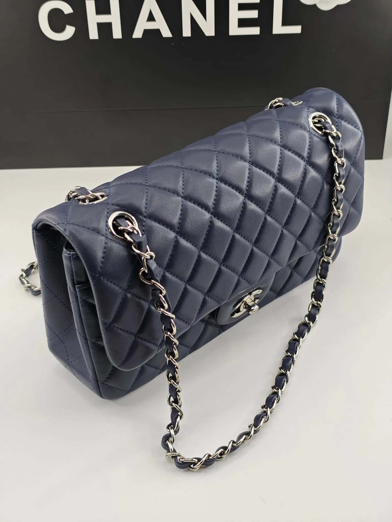 Chanel 1:1 premium Classic Flap navy blue lambskin bag with gold hardware and Chanel boutique shopping bag - xiashuluxe