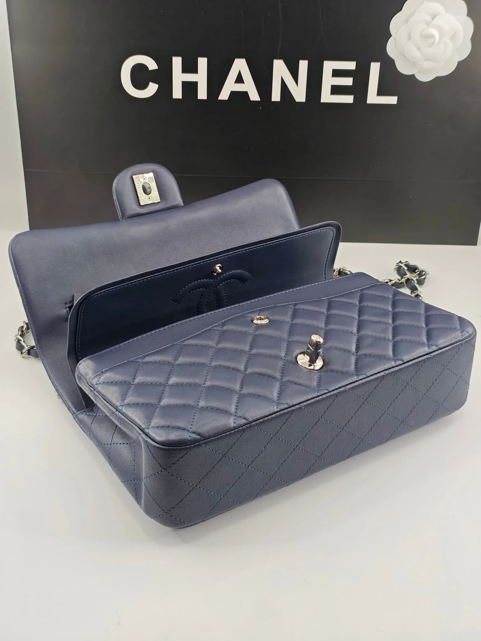 Chanel 1:1 premium Classic Flap navy blue lambskin bag with gold hardware and Chanel boutique shopping bag - xiashuluxe