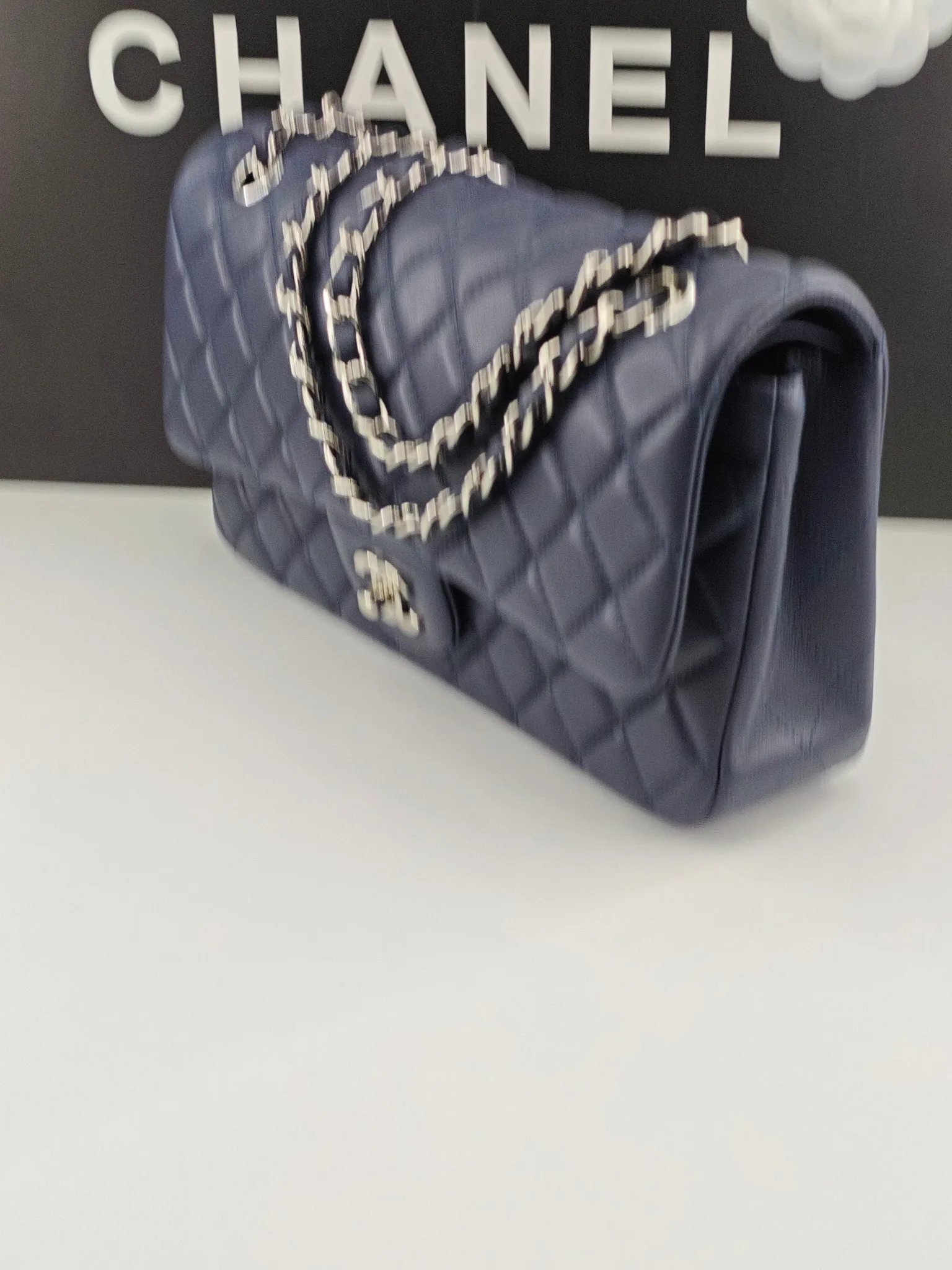 Chanel 1:1 premium Classic Flap navy blue lambskin bag with gold hardware and Chanel boutique shopping bag - xiashuluxe