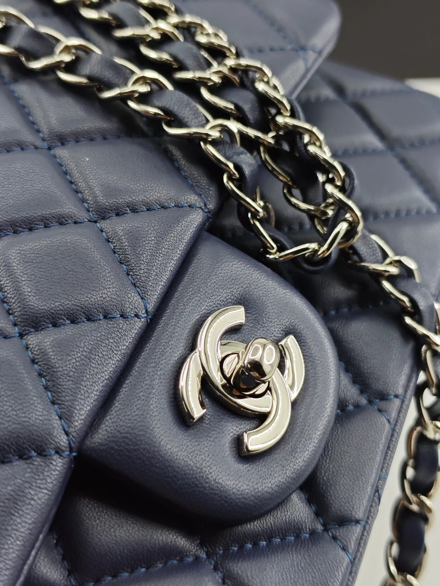 Chanel 1:1 premium Classic Flap navy blue lambskin bag with gold hardware and Chanel boutique shopping bag - xiashuluxe