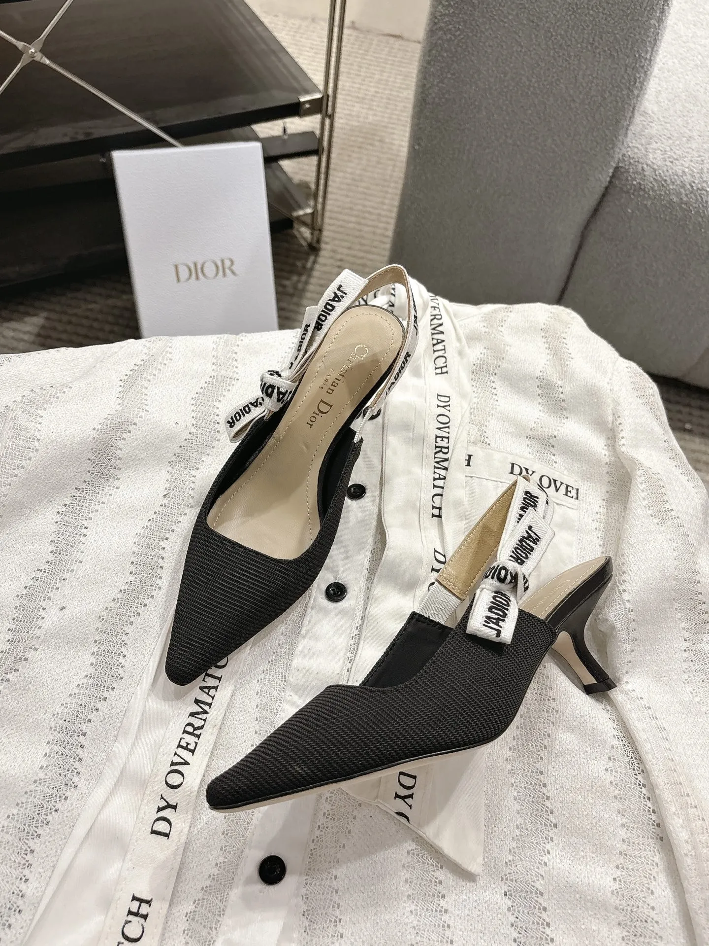 Dior 1:1 premium J'Adior slingback flats in black technical fabric with white embroidered ribbon and pointed toe - xiashuluxe