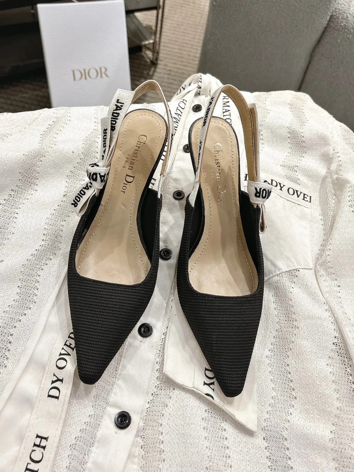 Dior 1:1 premium J'Adior slingback flats in black technical fabric with white embroidered ribbon and pointed toe - xiashuluxe