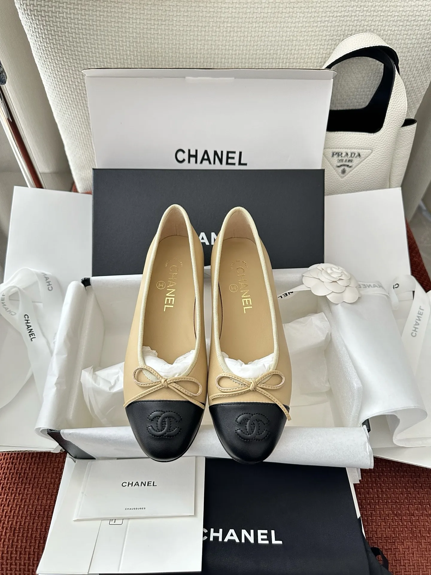 Chanel 1:1 premium Ballerina flats in quilted black lambskin and classic beige-black two-tone with boutique packaging - xiashuluxe