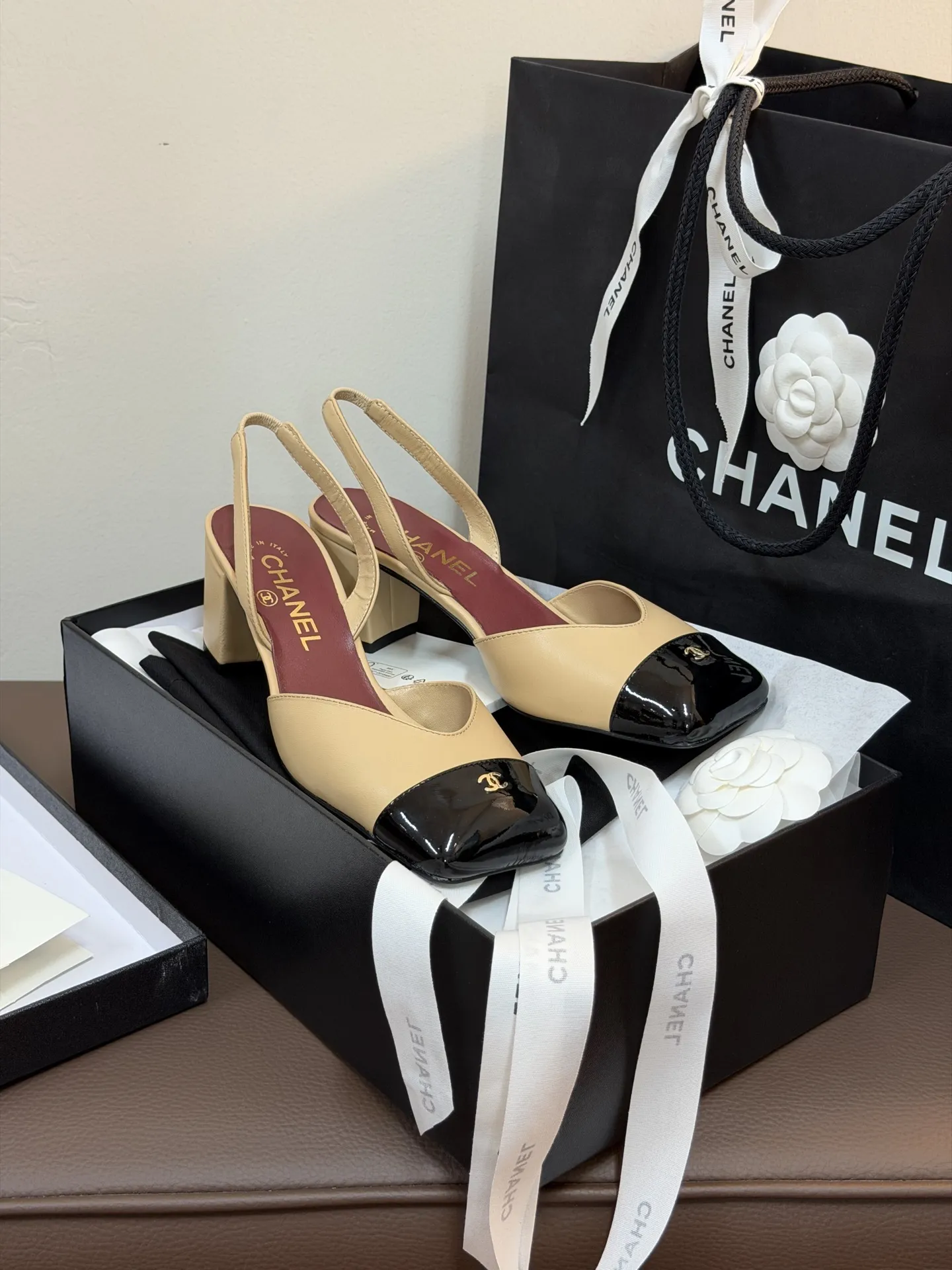 Chanel 1:1 premium Slingback pumps in beige-black, all-black, and white-gold two-tone lambskin with boutique packaging - xiashuluxe