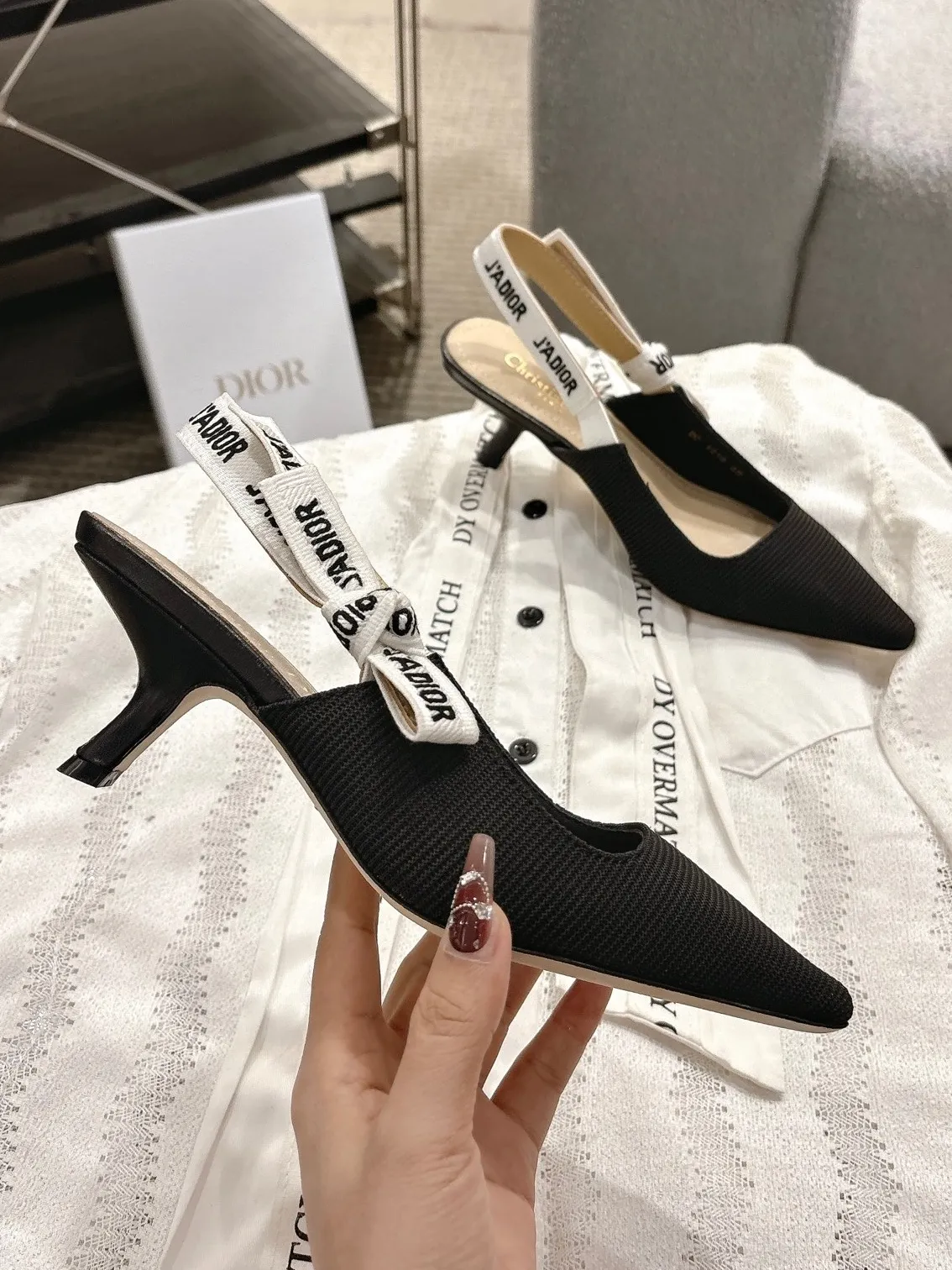 Dior 1:1 premium J'Adior slingback flats in black technical fabric with white embroidered ribbon and pointed toe - xiashuluxe