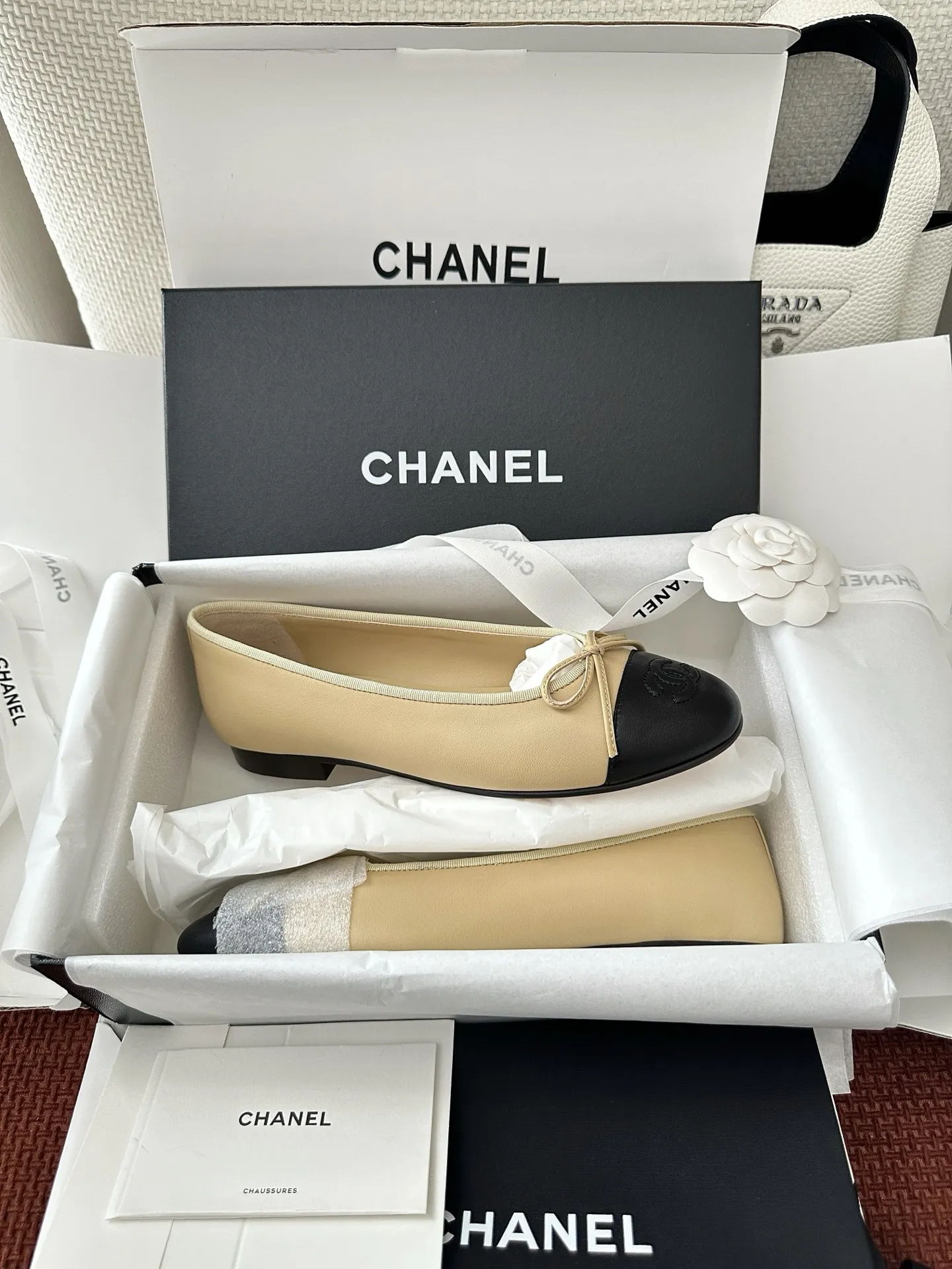 Chanel 1:1 premium Ballerina flats in quilted black lambskin and classic beige-black two-tone with boutique packaging - xiashuluxe