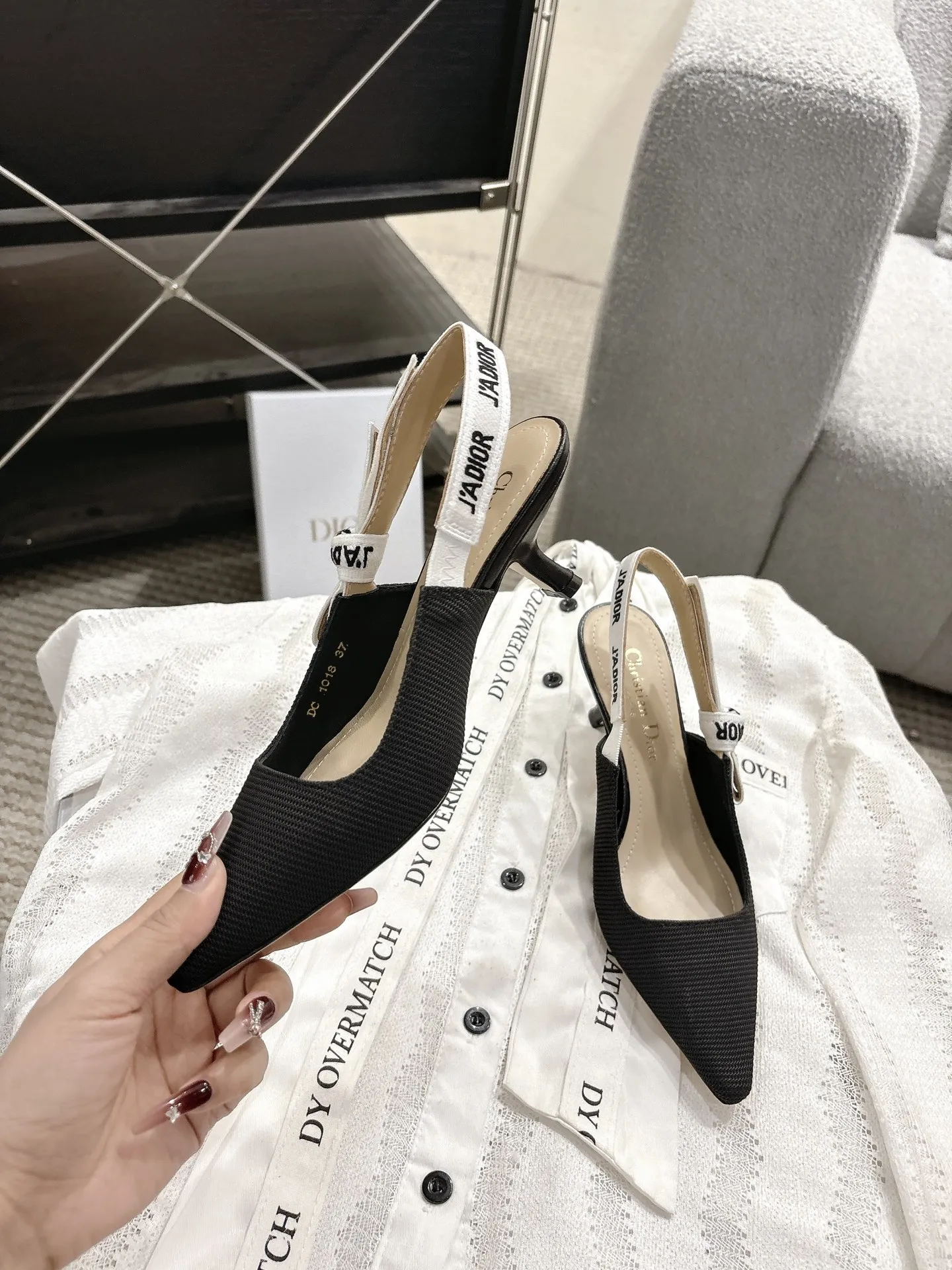 Dior 1:1 premium J'Adior slingback flats in black technical fabric with white embroidered ribbon and pointed toe - xiashuluxe