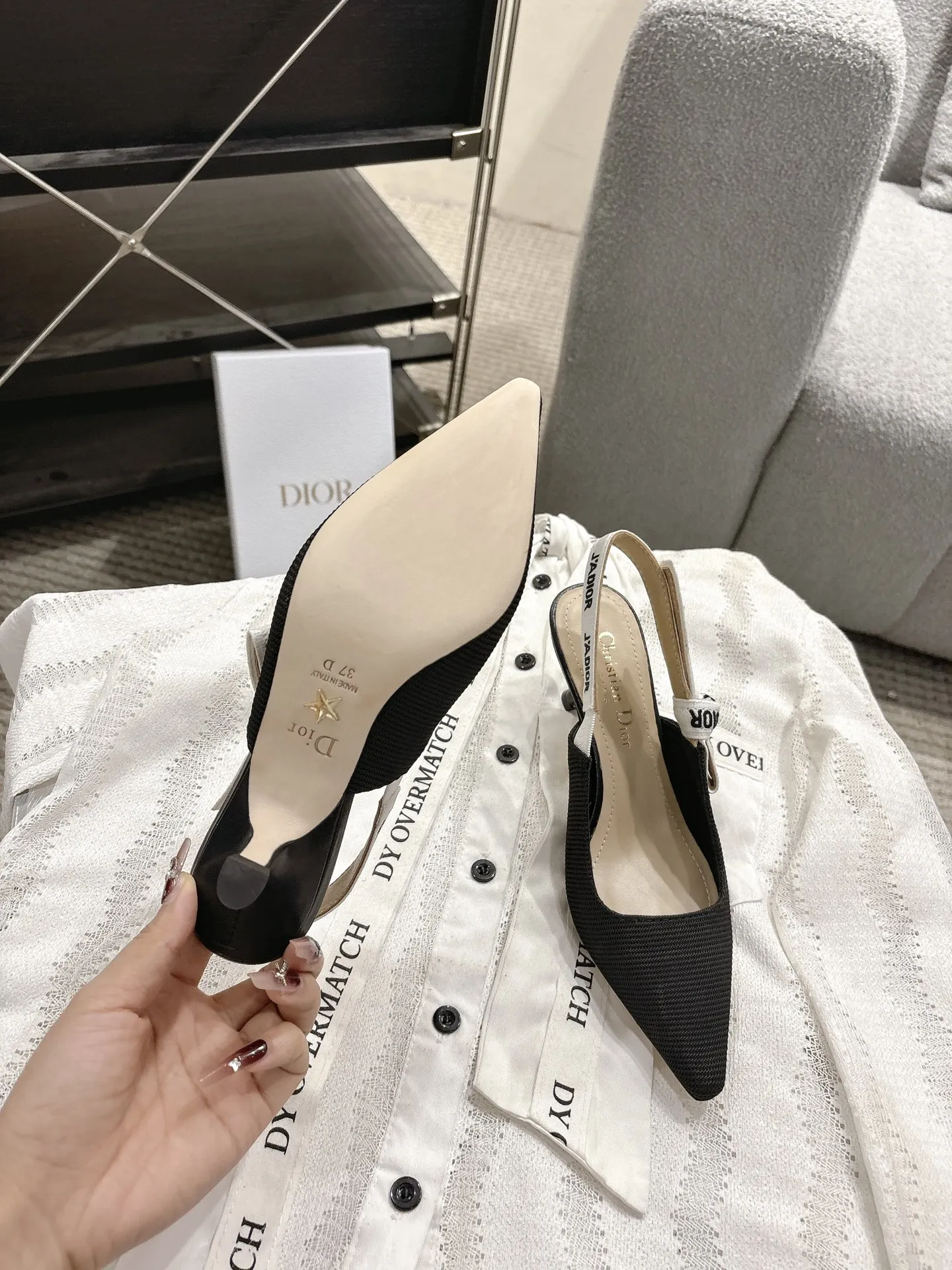 Dior 1:1 premium J'Adior slingback flats in black technical fabric with white embroidered ribbon and pointed toe - xiashuluxe
