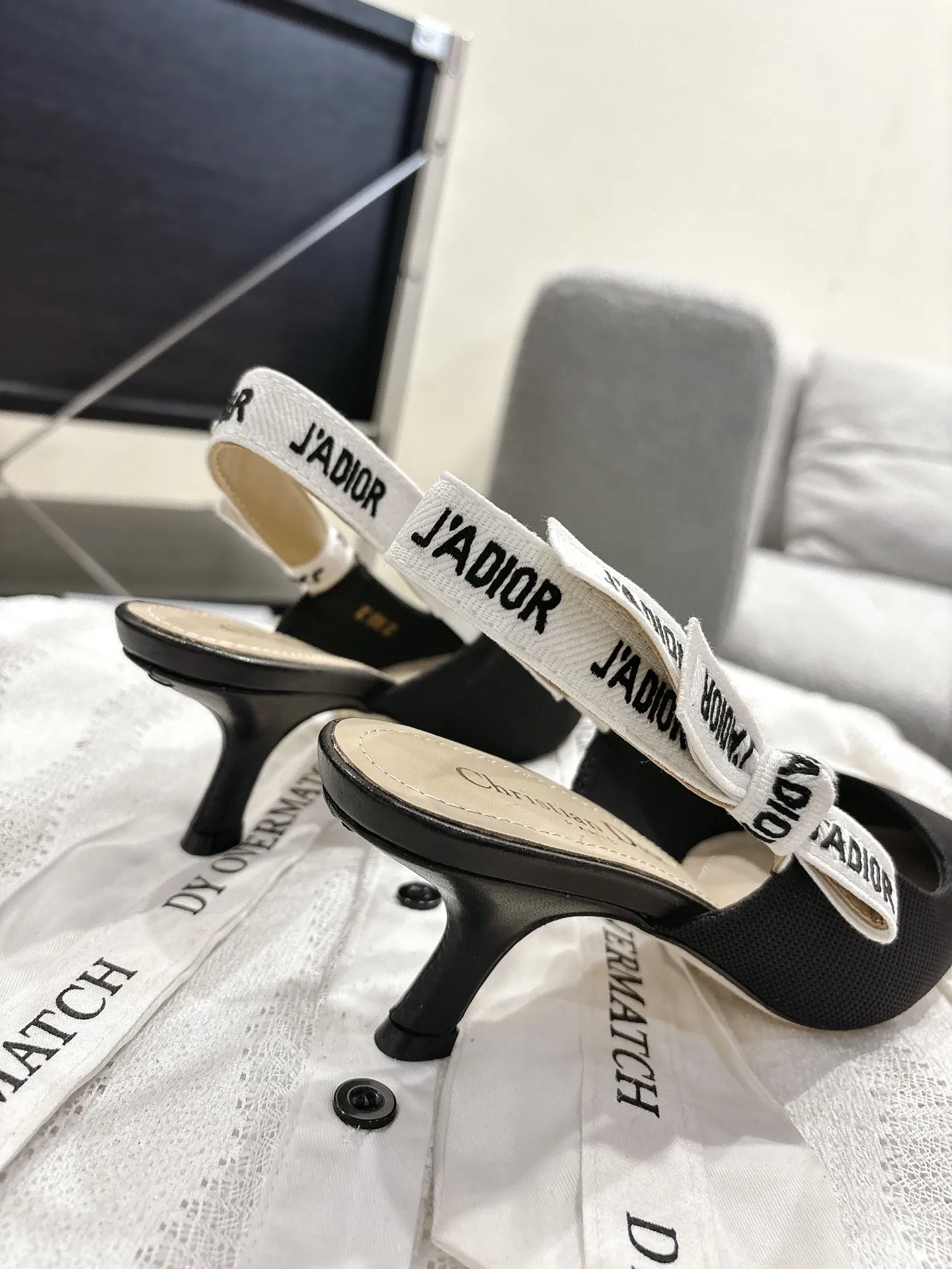 Dior 1:1 premium J'Adior slingback flats in black technical fabric with white embroidered ribbon and pointed toe - xiashuluxe