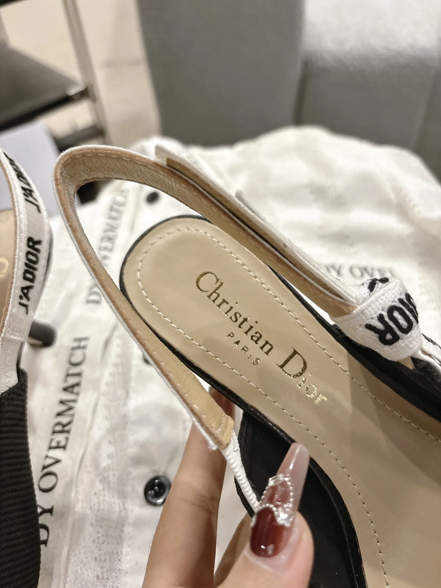 Dior 1:1 premium J'Adior slingback flats in black technical fabric with white embroidered ribbon and pointed toe - xiashuluxe