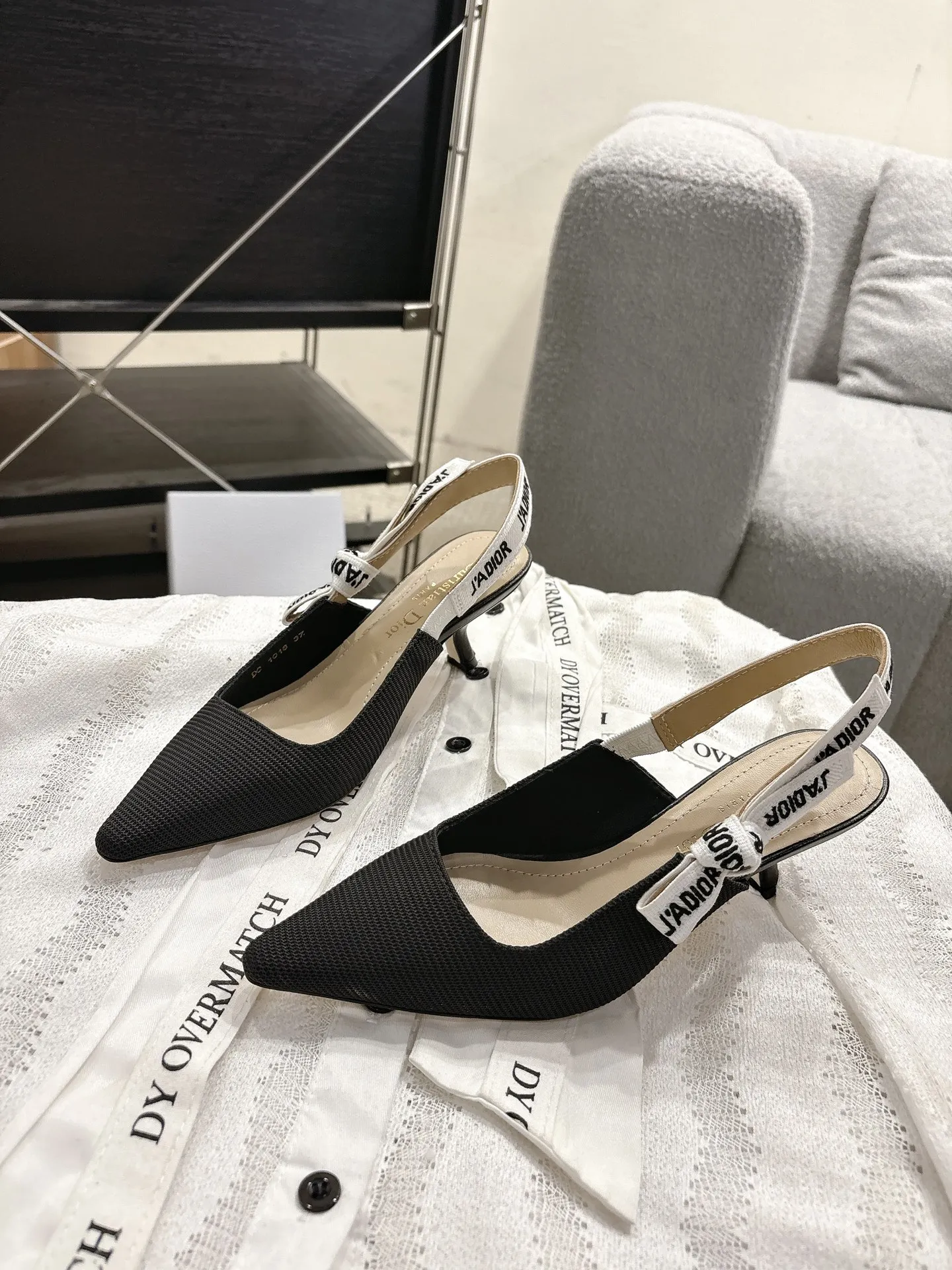 Dior 1:1 premium J'Adior slingback flats in black technical fabric with white embroidered ribbon and pointed toe - xiashuluxe