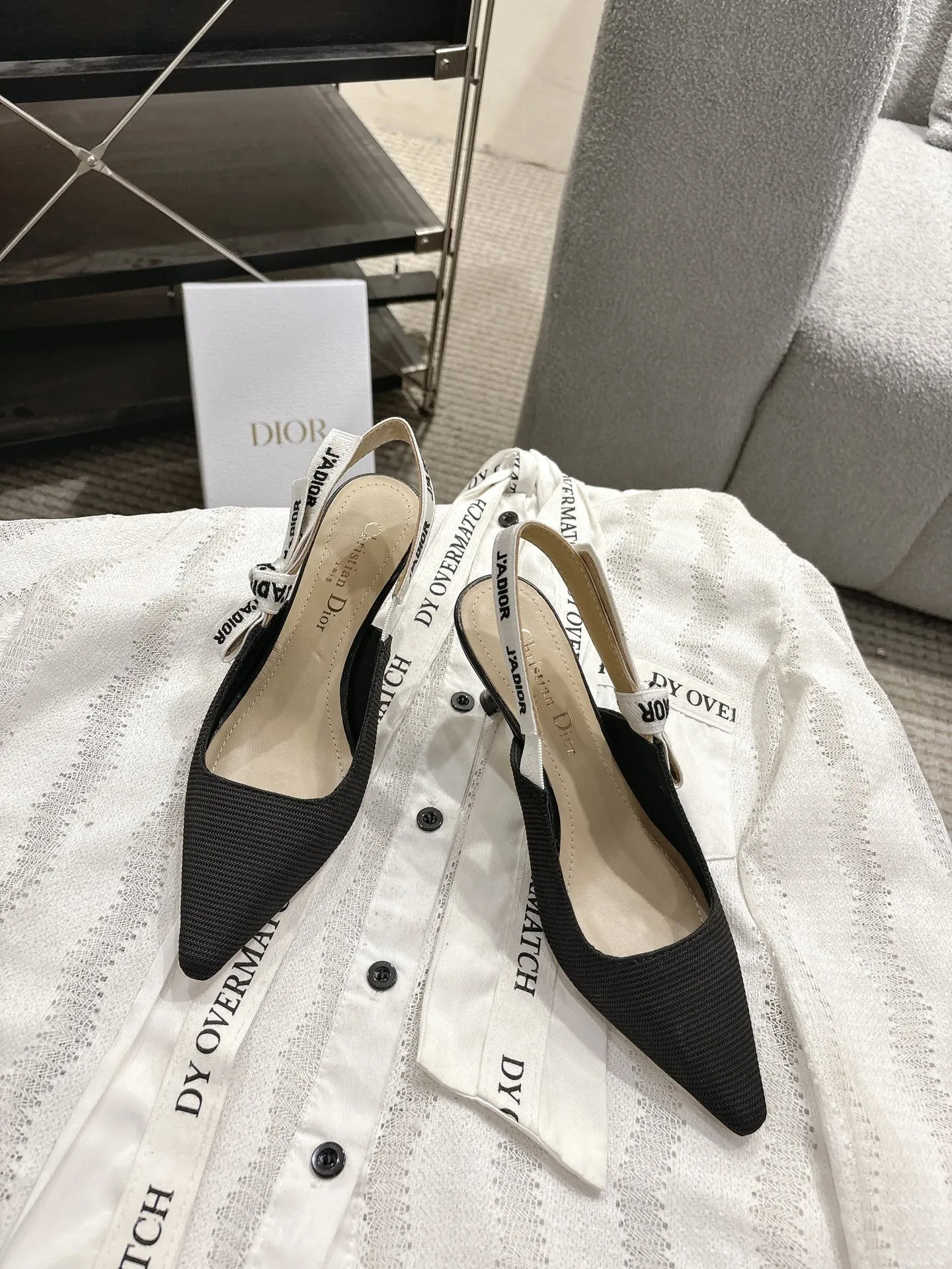 Dior 1:1 premium J'Adior slingback flats in black technical fabric with white embroidered ribbon and pointed toe - xiashuluxe