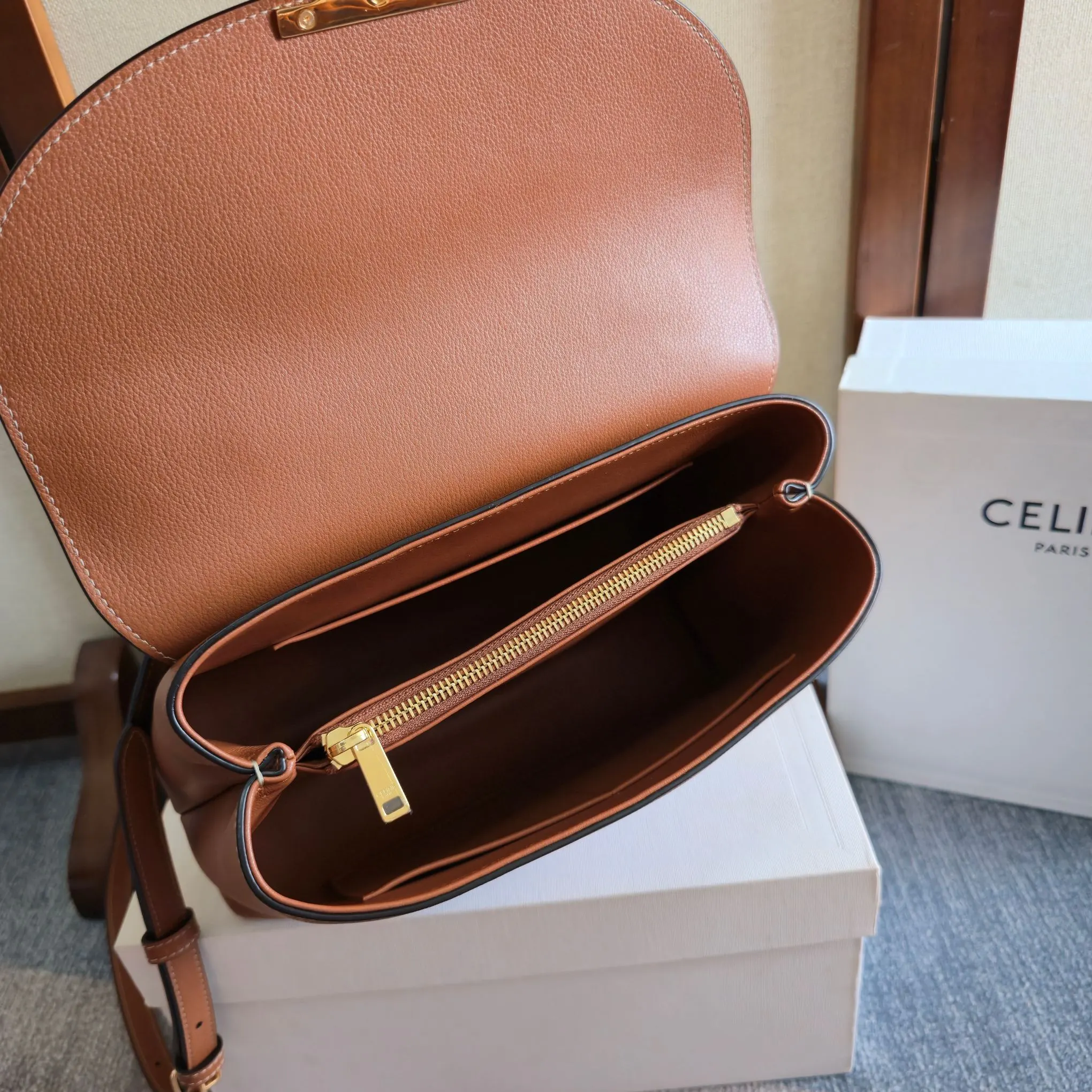 Celine 1:1 premium Teen Besace Triomphe bag in Tan polished calfskin with gold-tone Triomphe metallic closure and boutique packaging - xiashuluxe