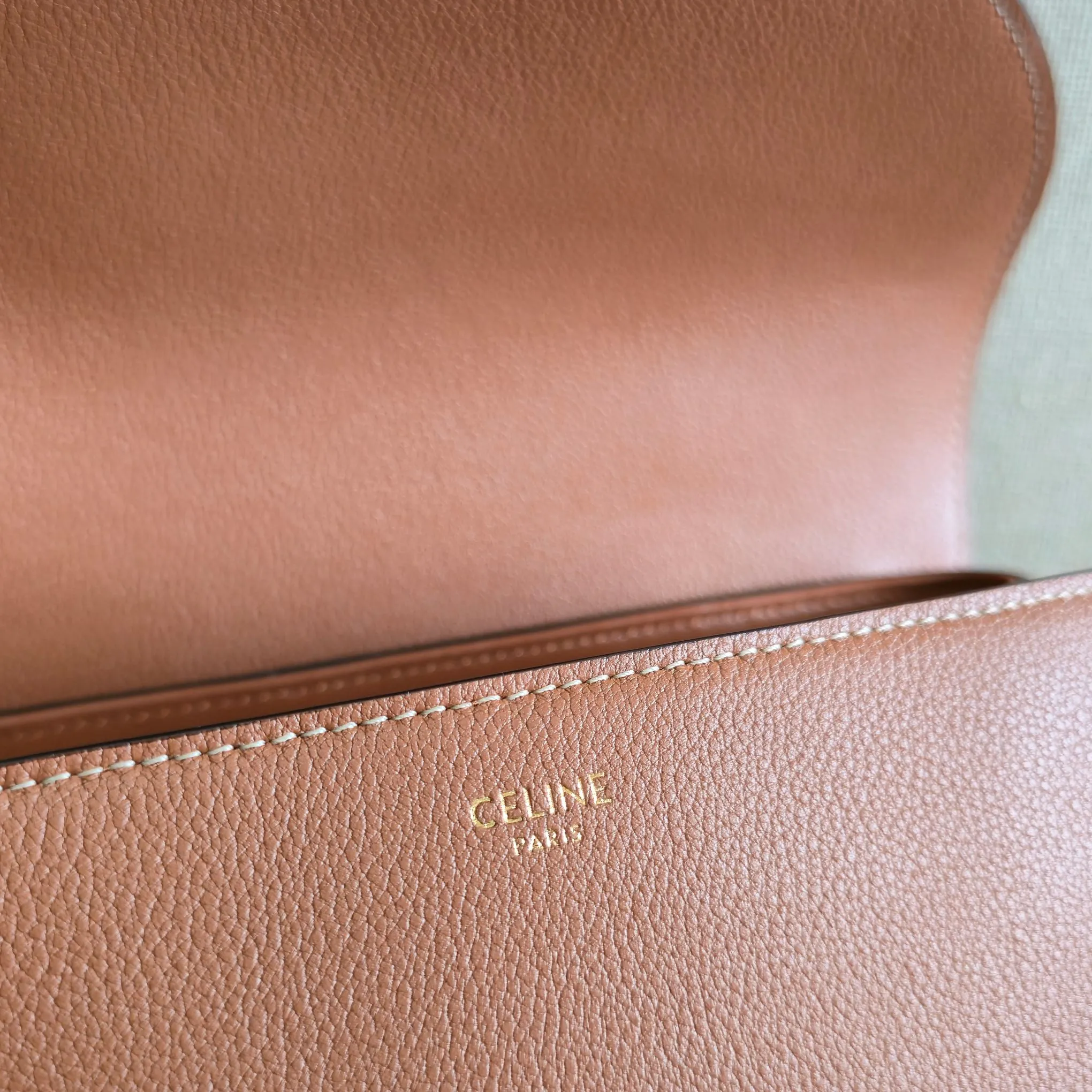 Celine 1:1 premium Teen Besace Triomphe bag in Tan polished calfskin with gold-tone Triomphe metallic closure and boutique packaging - xiashuluxe