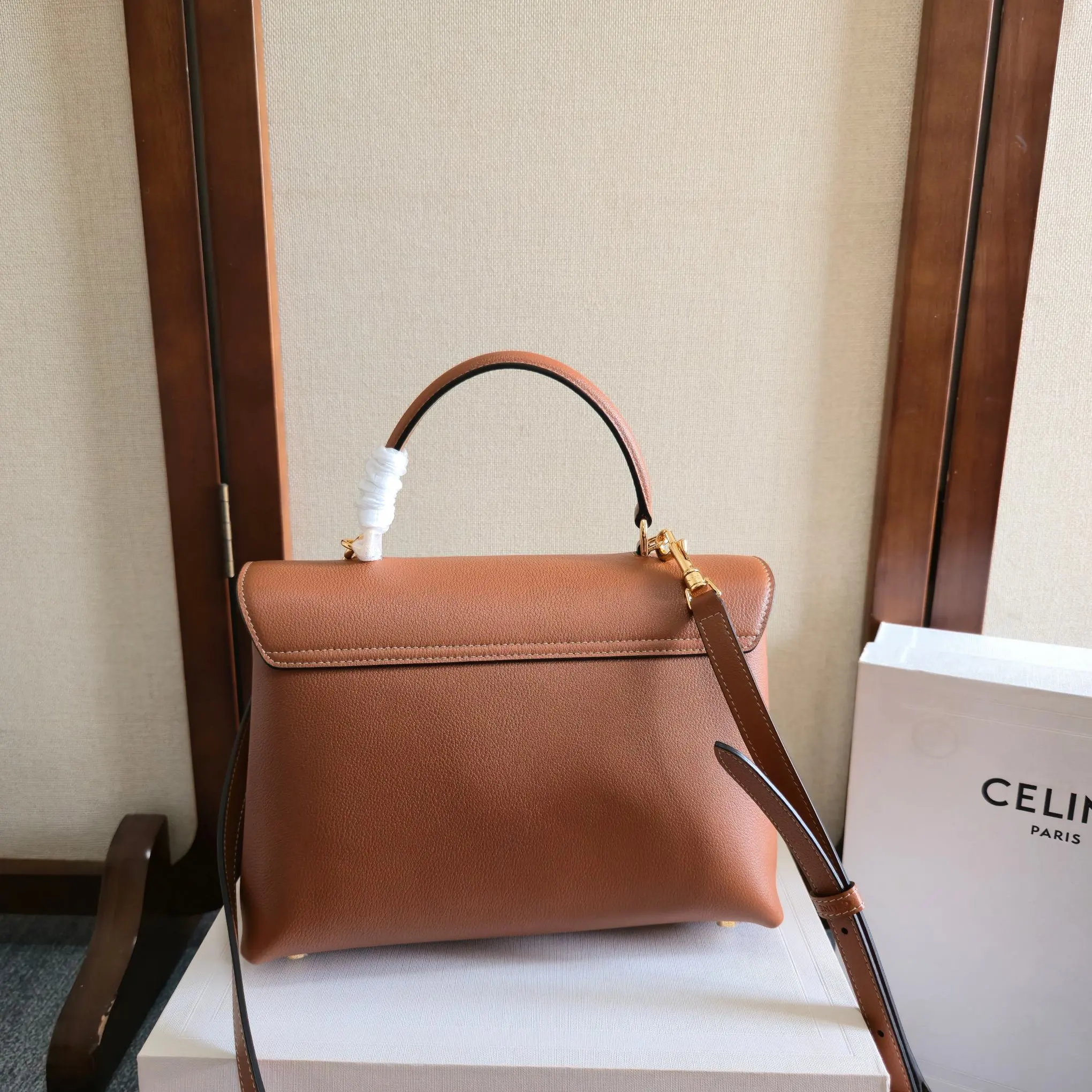 Celine 1:1 premium Teen Besace Triomphe bag in Tan polished calfskin with gold-tone Triomphe metallic closure and boutique packaging - xiashuluxe