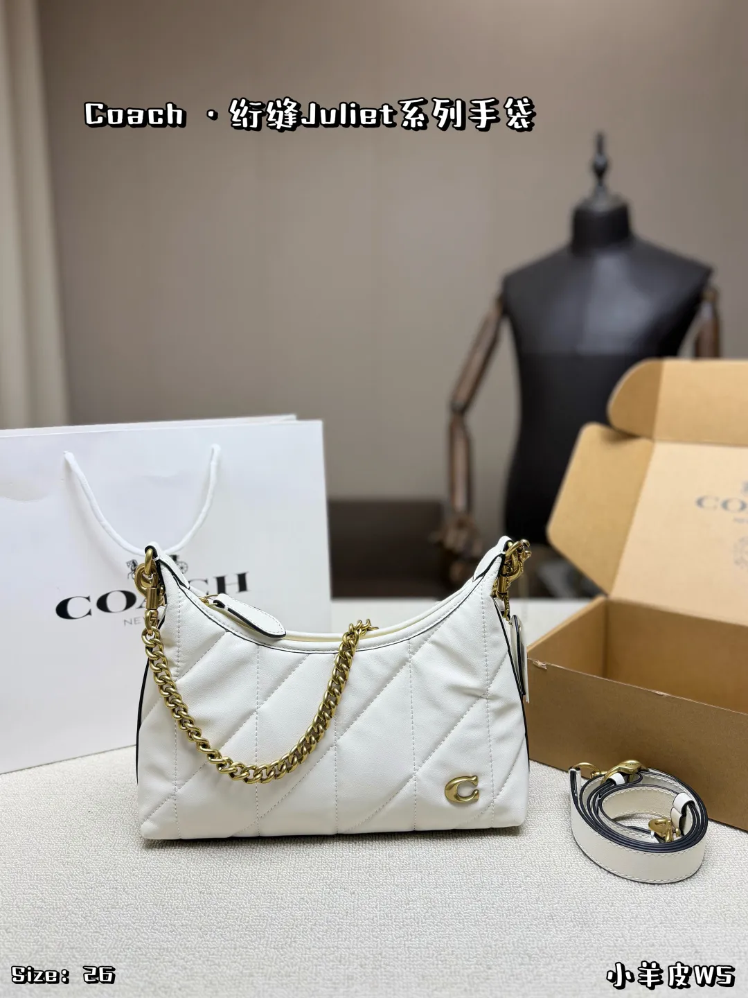 Chalk White Lambskin Coach Juliet 25 Bag with Chain Strap
