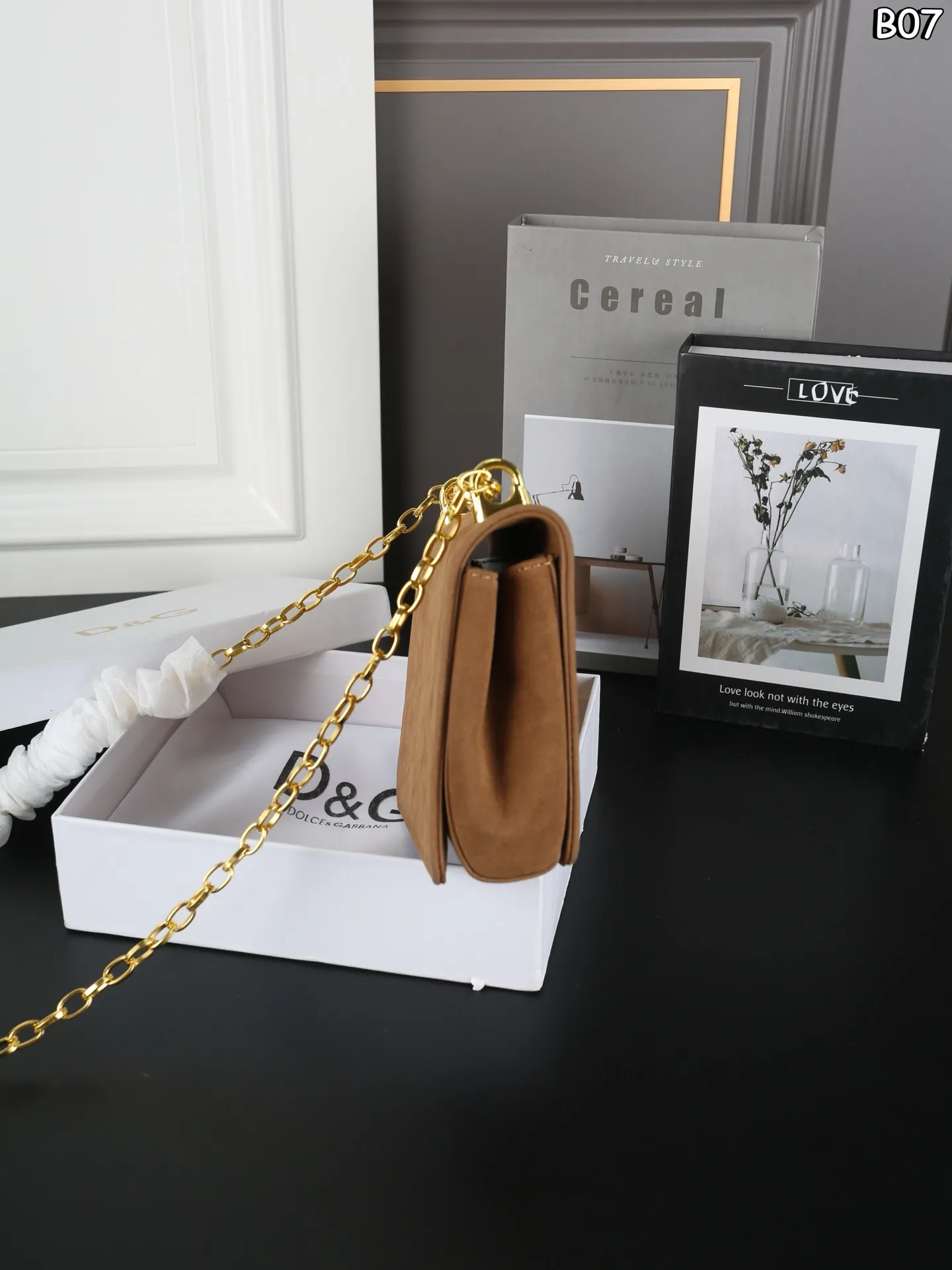 Dolce & Gabbana Suede Chain Bag Baroque Gold DG Logo 21cm