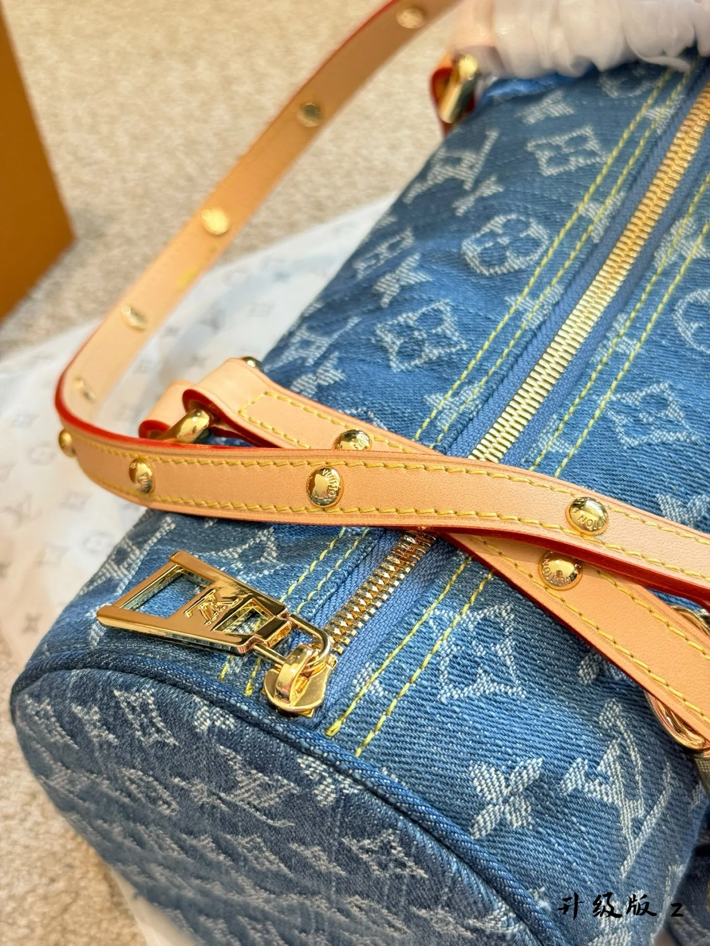 LV Papillon Denim Monogram Detail View