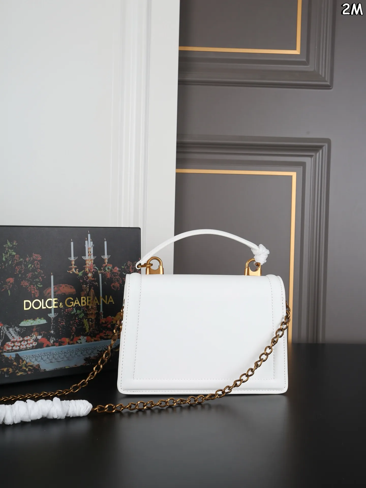 White Leather Devotion Bag D&G with Gold Sacred Heart Detail