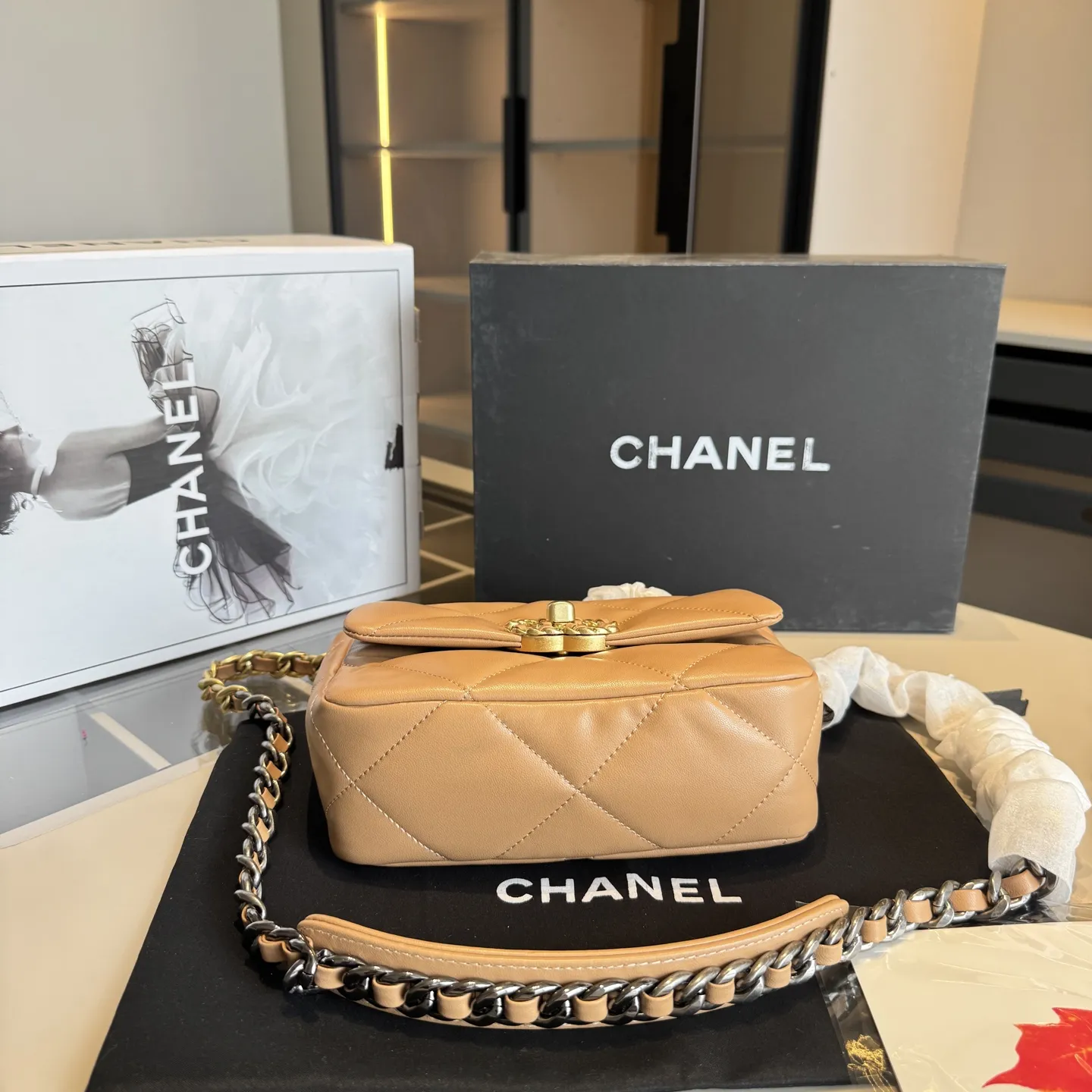 Chanel 19 Bag Milk Tea Lambskin Double Customs Europe