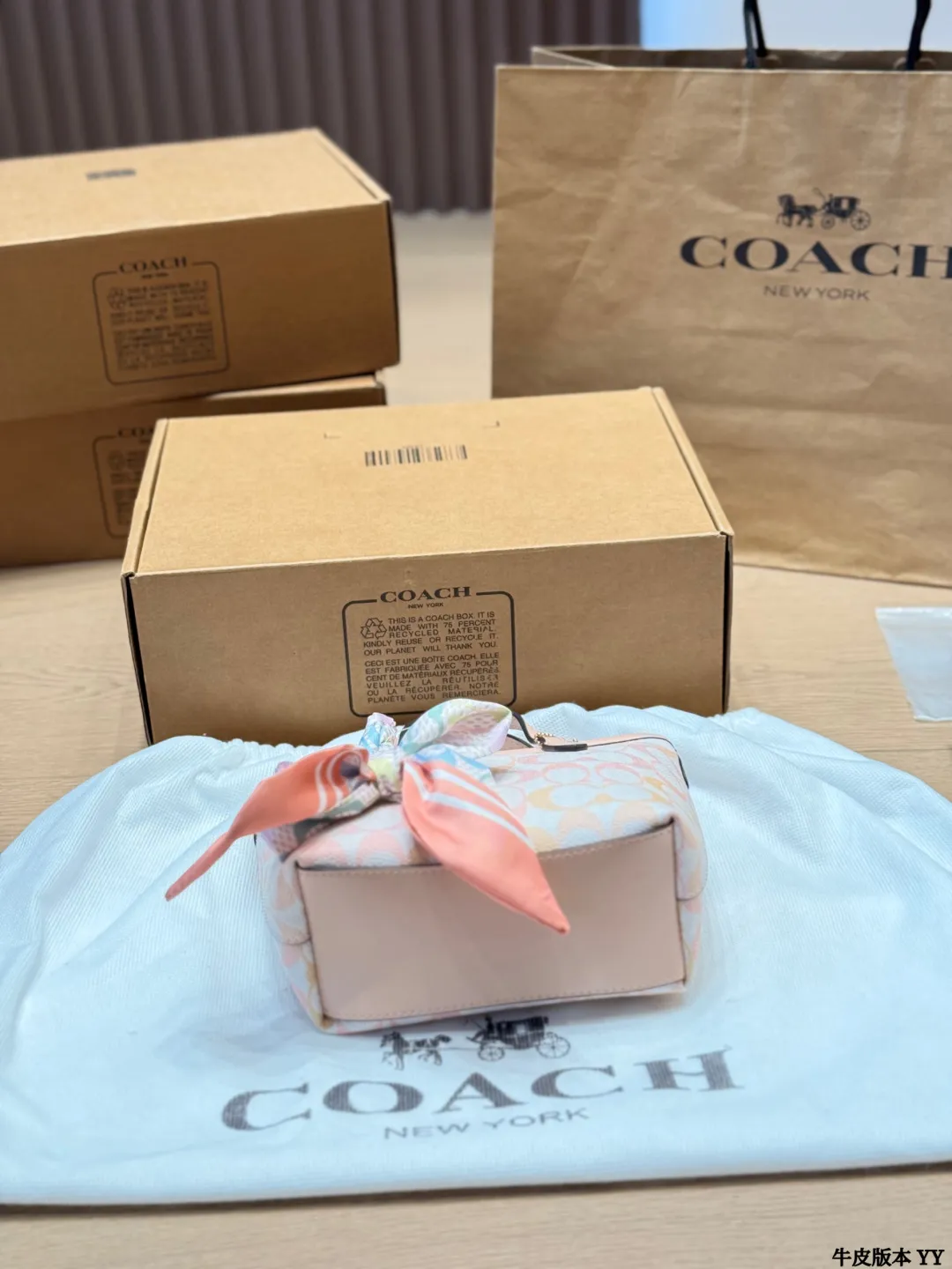 牛皮版本 p135 COACH City15迷你托特包​​ COACH City15迷你托特包，粉彩彩虹印花+牛剖层革拼接，清新又复古，配8cm手柄和56.5cm可拆卸肩带，手提、肩背、斜挎都OK✨。顶部拉链开合，内部织物衬里+多功能袋，手机口红轻松收纳。春夏搭配超亮眼，丝巾点缀更显个性，通勤约会都很适合哦 15.5x14x9cm15.5x14x9cm