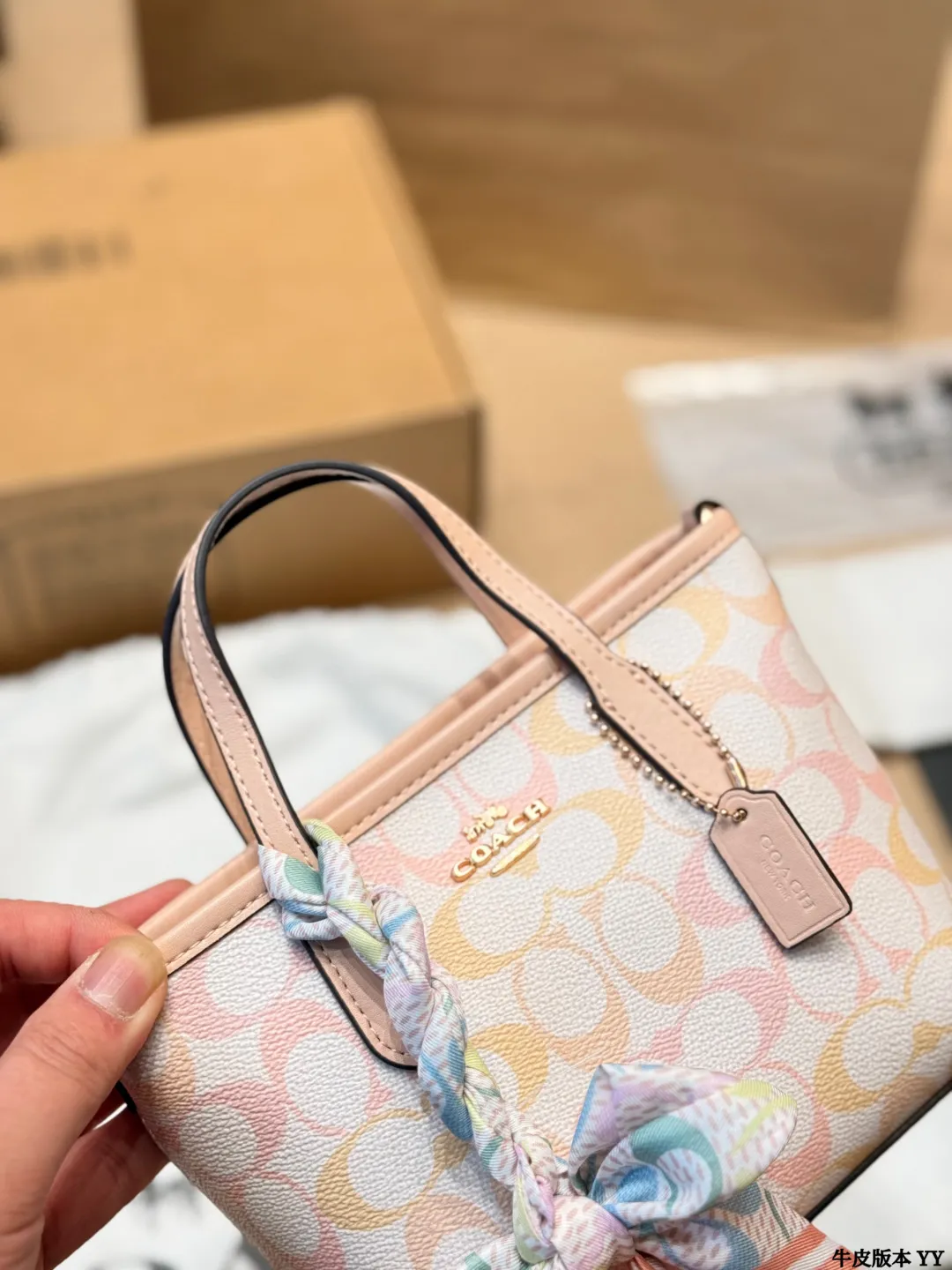 牛皮版本 p135 COACH City15迷你托特包​​ COACH City15迷你托特包，粉彩彩虹印花+牛剖层革拼接，清新又复古，配8cm手柄和56.5cm可拆卸肩带，手提、肩背、斜挎都OK✨。顶部拉链开合，内部织物衬里+多功能袋，手机口红轻松收纳。春夏搭配超亮眼，丝巾点缀更显个性，通勤约会都很适合哦 15.5x14x9cm15.5x14x9cm