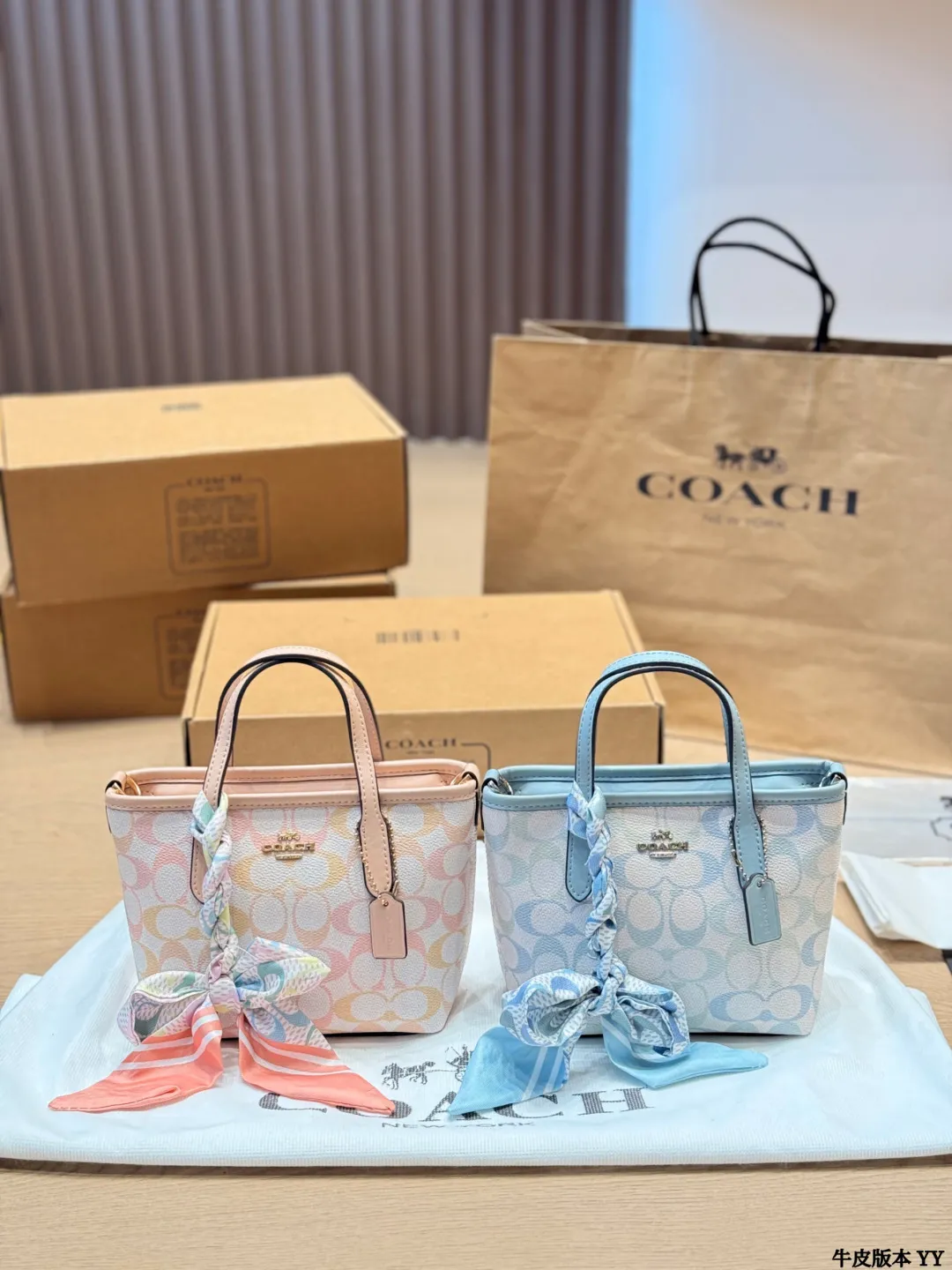 牛皮版本 p135 COACH City15迷你托特包​​ COACH City15迷你托特包，粉彩彩虹印花+牛剖层革拼接，清新又复古，配8cm手柄和56.5cm可拆卸肩带，手提、肩背、斜挎都OK✨。顶部拉链开合，内部织物衬里+多功能袋，手机口红轻松收纳。春夏搭配超亮眼，丝巾点缀更显个性，通勤约会都很适合哦 15.5x14x9cm15.5x14x9cm