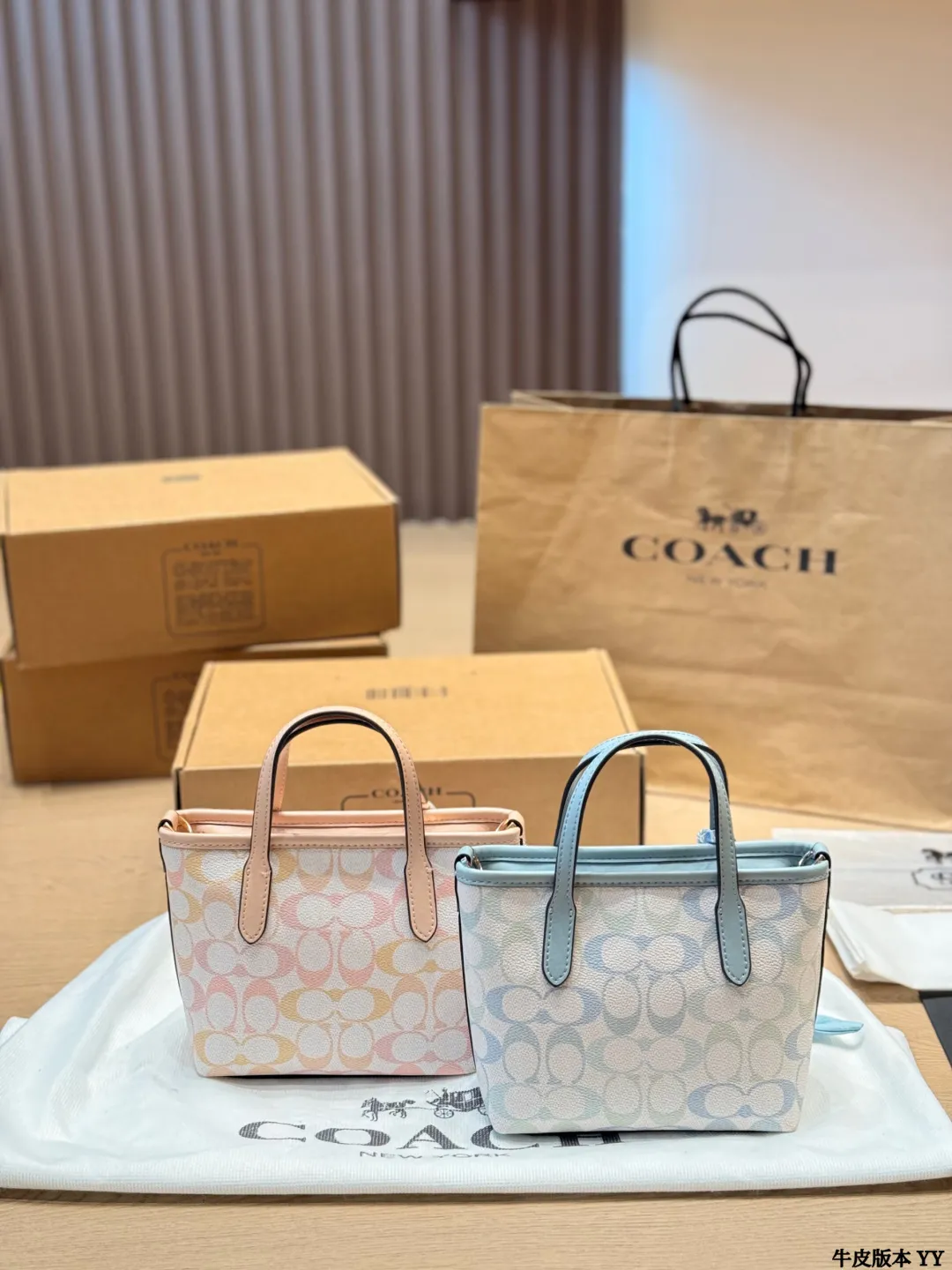 牛皮版本 p135 COACH City15迷你托特包 COACH City15迷你托特包,粉彩彩虹印花+牛剖层革拼接,清新又复古,配8cm手柄和56.5cm可拆卸肩带,手提、肩背、斜挎都OK✨。顶部拉链开合,内部织物衬里+多功能袋,手机口红轻松收纳。春夏搭配超亮眼,丝巾点缀更显个性,通勤约会都很适合哦 15.5x14x9cm15.5x14x9cm