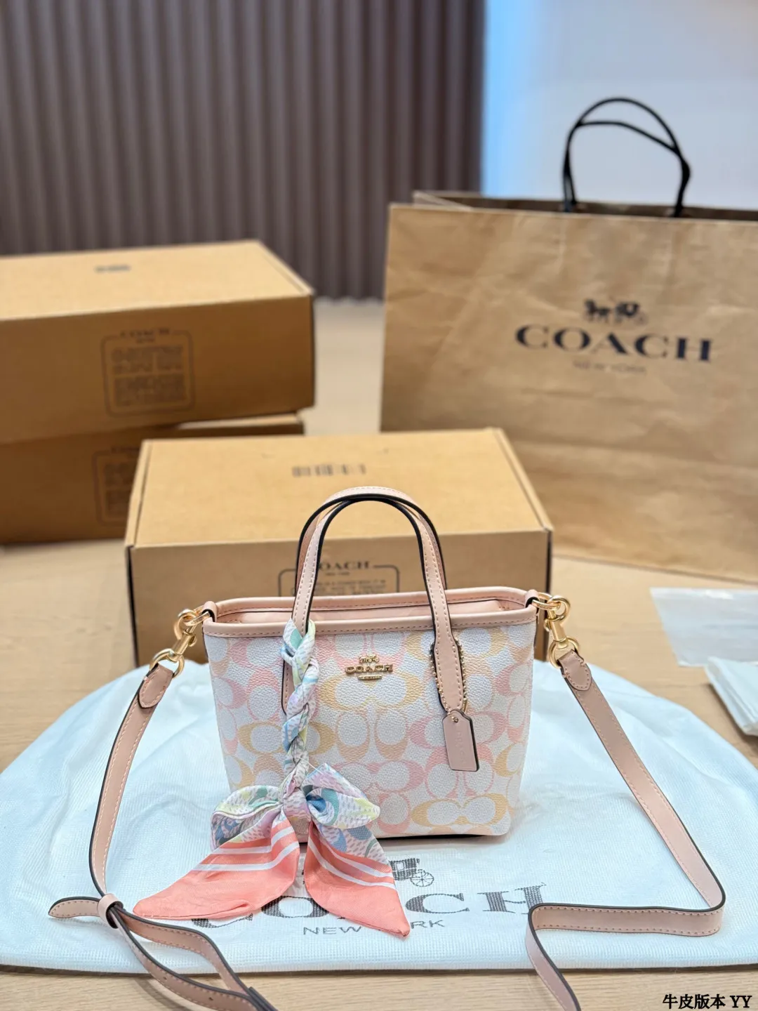 牛皮版本 p135 COACH City15迷你托特包​​ COACH City15迷你托特包，粉彩彩虹印花+牛剖层革拼接，清新又复古，配8cm手柄和56.5cm可拆卸肩带，手提、肩背、斜挎都OK✨。顶部拉链开合，内部织物衬里+多功能袋，手机口红轻松收纳。春夏搭配超亮眼，丝巾点缀更显个性，通勤约会都很适合哦 15.5x14x9cm15.5x14x9cm