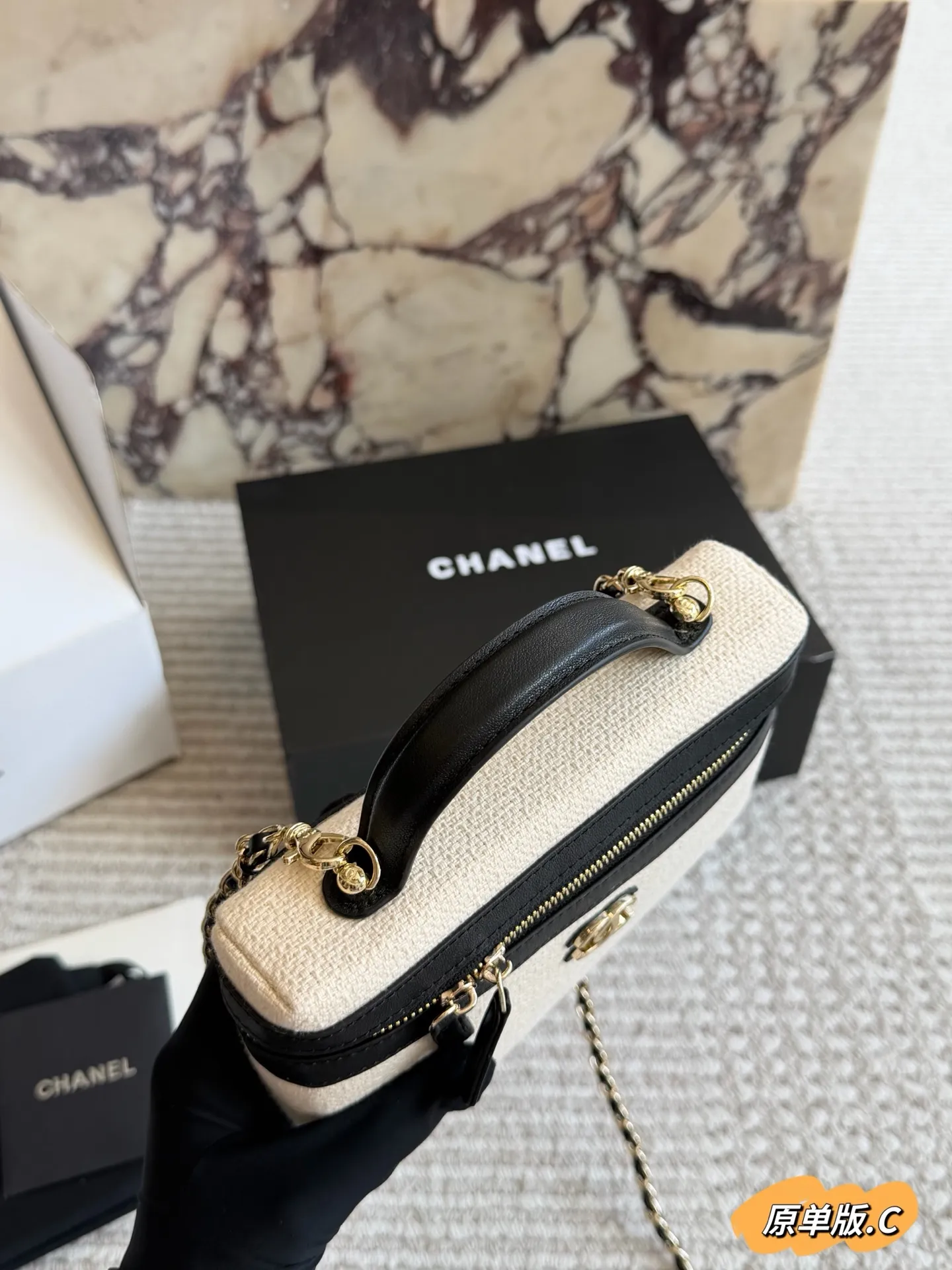 Designer Inspired Chanel Box Bag - Signature Double C Logo Gold Hardware