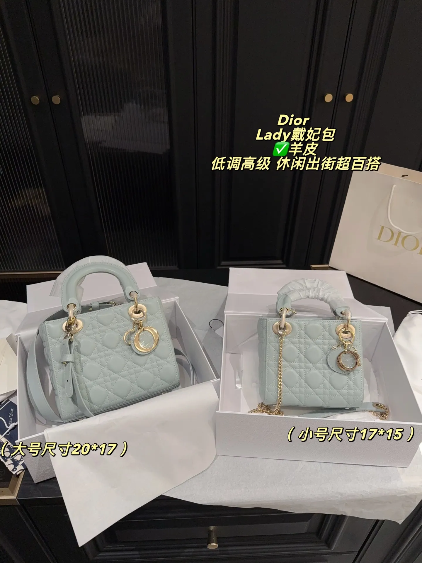 ✅羊皮大号p250折叠盒⚠️尺寸20*17 ✅羊皮小号p240折叠盒⚠️尺寸17*15 Dior迪奥经典Lady戴妃包，优质羊皮+淡金金属扣，优雅精致✨。标志性&ldquo;Cannage&rdquo;藤格纹缝线，搭配可拆卸链条肩带，手提斜挎都OK！日常通勤、约会都能轻松驾驭。雾霾蓝低饱和度，温柔百搭，春夏穿搭超加分～这款包不仅实用，更是身份与品味的象征，深受时尚达人喜爱💼。