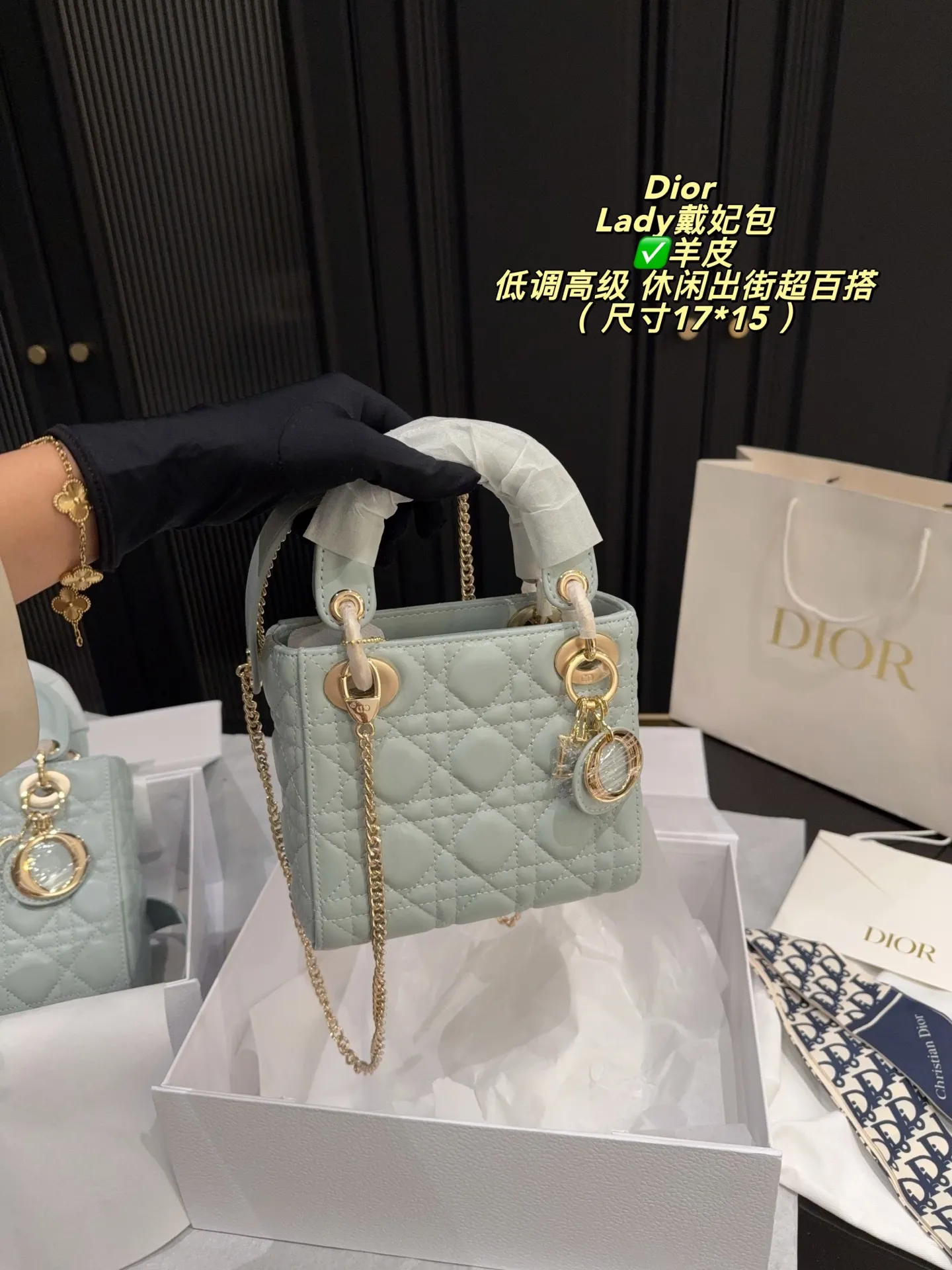✅羊皮大号p250折叠盒⚠️尺寸20*17 ✅羊皮小号p240折叠盒⚠️尺寸17*15 Dior迪奥经典Lady戴妃包,优质羊皮+淡金金属扣,优雅精致✨。标志性“Cannage”藤格纹缝线,搭配可拆卸链条肩带,手提斜挎都OK!日常通勤、约会都能轻松驾驭。雾霾蓝低饱和度,温柔百搭,春夏穿搭超加分~这款包不仅实用,更是身份与品味的象征,深受时尚达人喜爱💼。